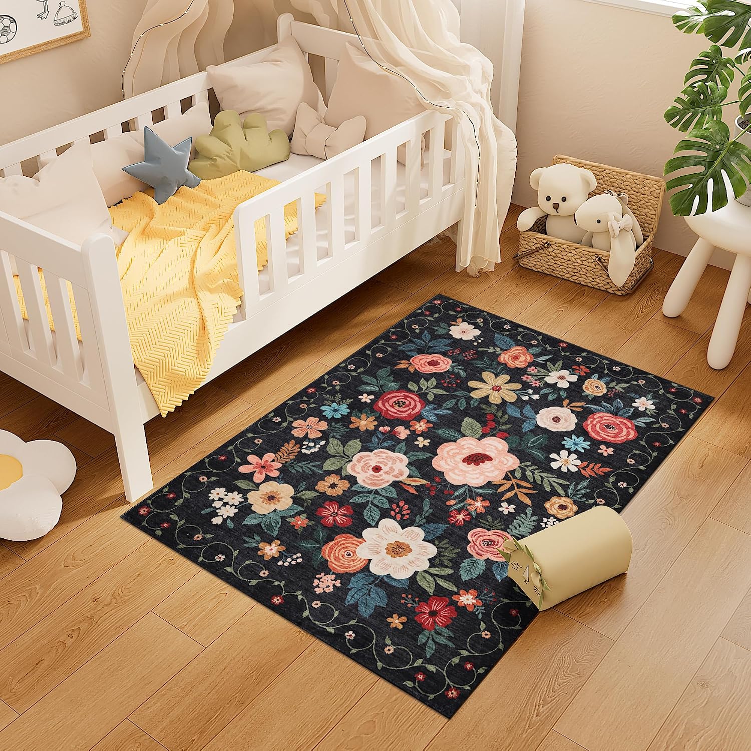 Thumbnail 5 de DUKINO 3x4 Boho Non-Slip Rug – Lightweight, Washable, Short-Pile Floral Interior Mat (Black)