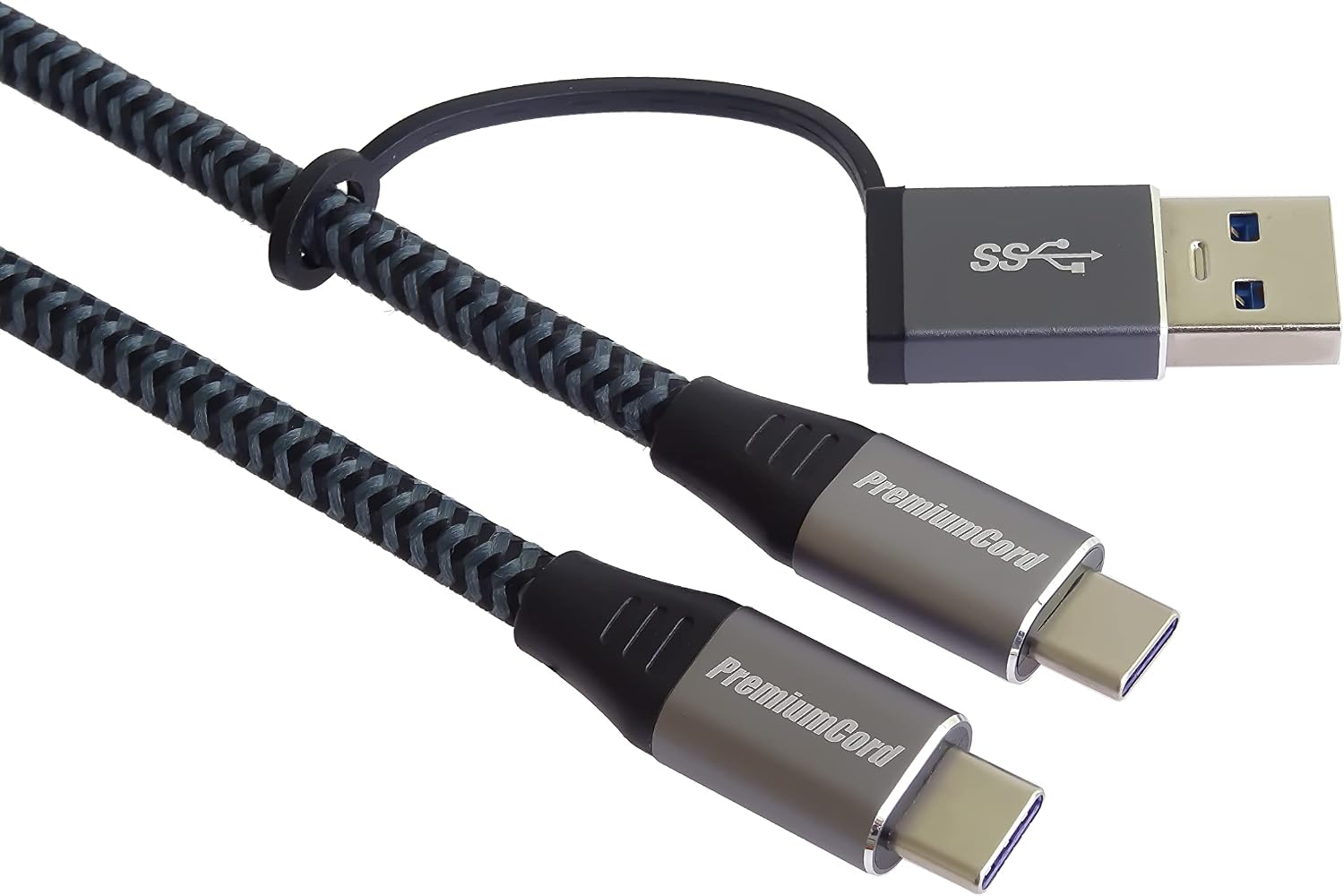 Detalle 2 de PremiumCord USB-C 3.2 Gen 2x2 Verbindungskabel (2 m) – USB-C zu USB-C + USB-A, 20 Gbit/s, 100 W, PD/QC