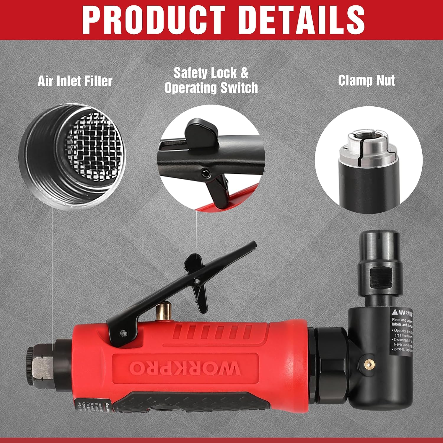 Detalle 1 de WORKPRO meuleuse d’angle pneumatique 1/4" (6,3 mm) 20 000 tr/min avec mandrin 3 mm et 6 mm