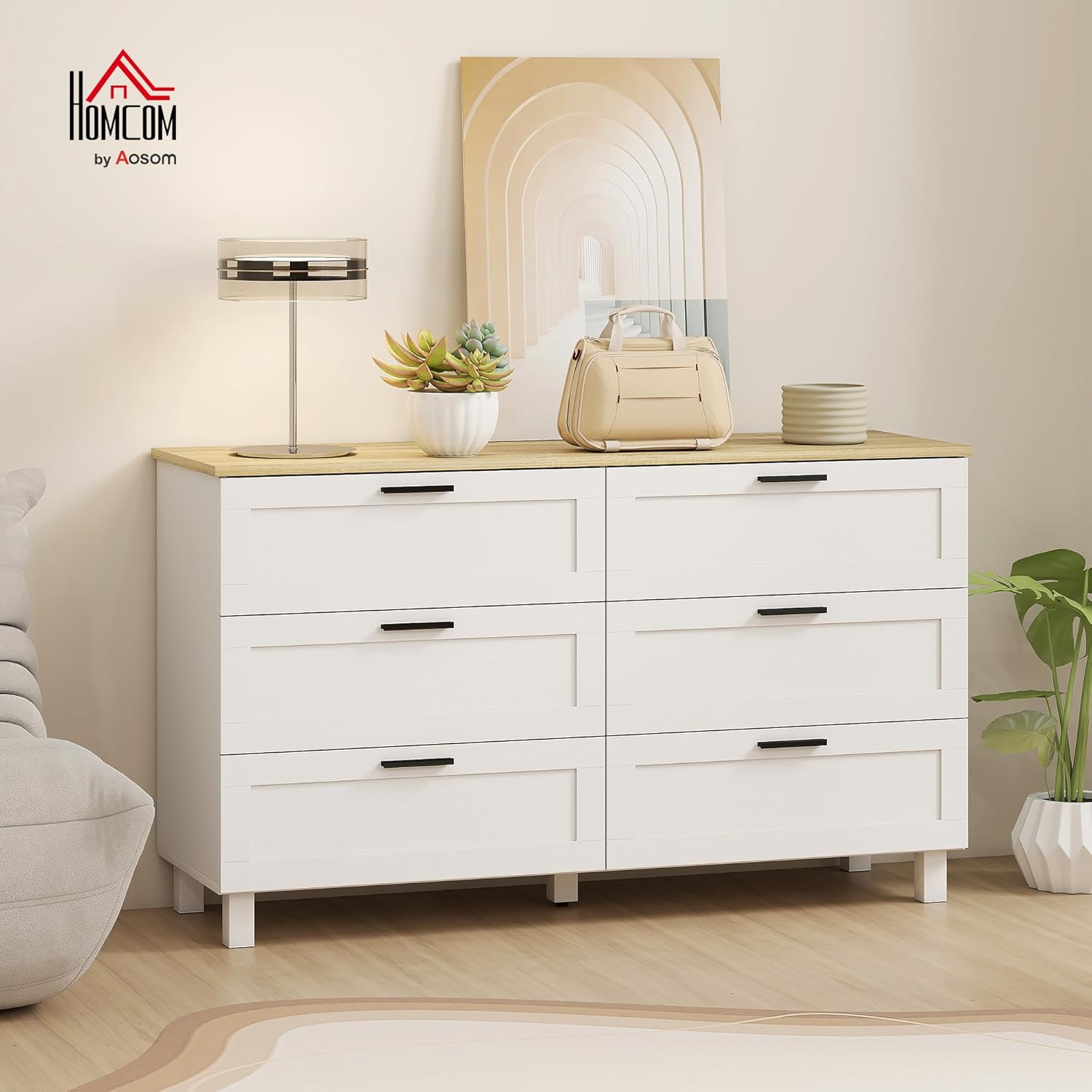 Detalle de HOMCOM Commode à 6 tiroirs en bois naturel et blanc – rangement élégant 120 x 38 x 71 cm