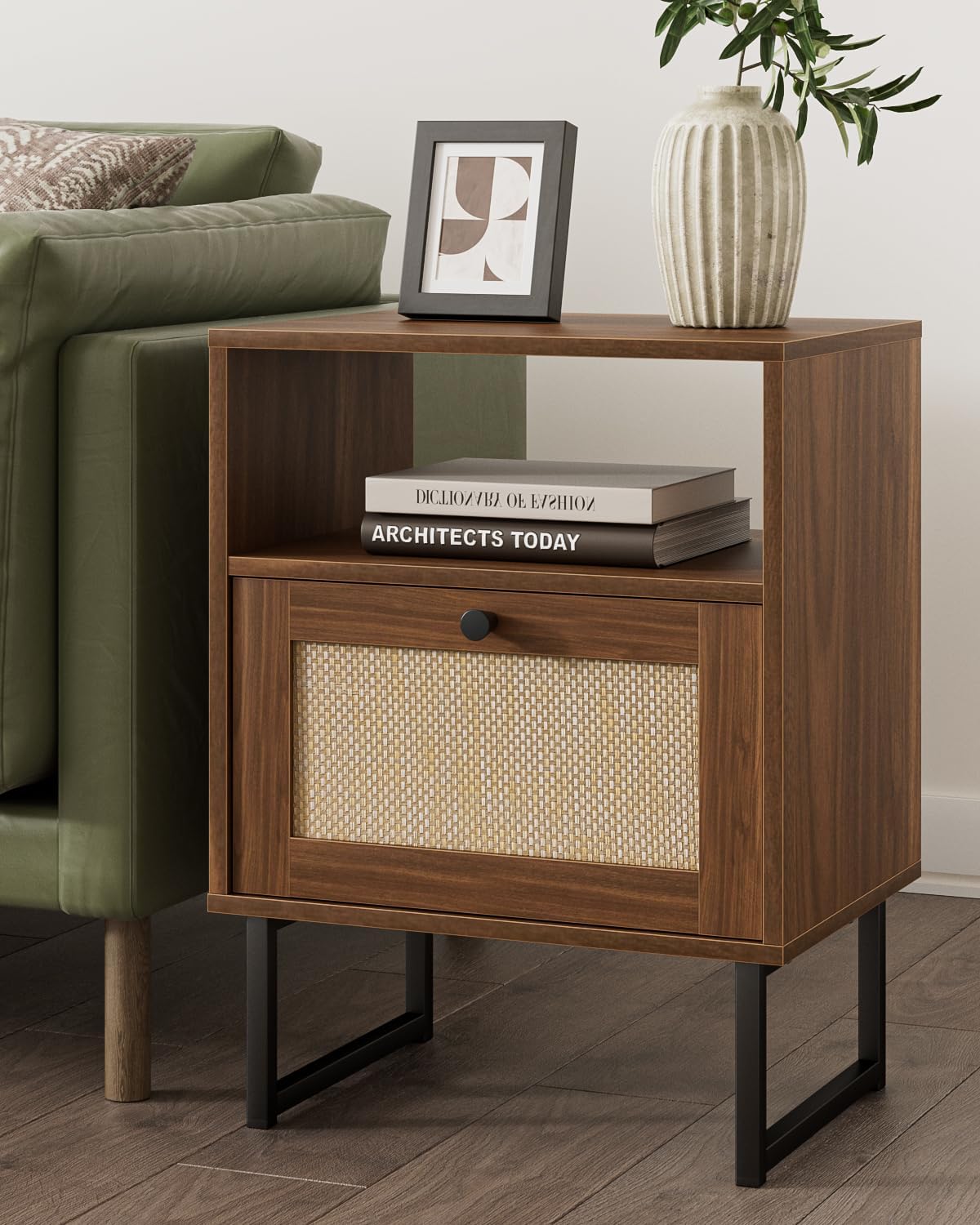 Detalle de Masupu Rattan Night Stand, Walnut Brown Bedside Table with Drawer and Shelf