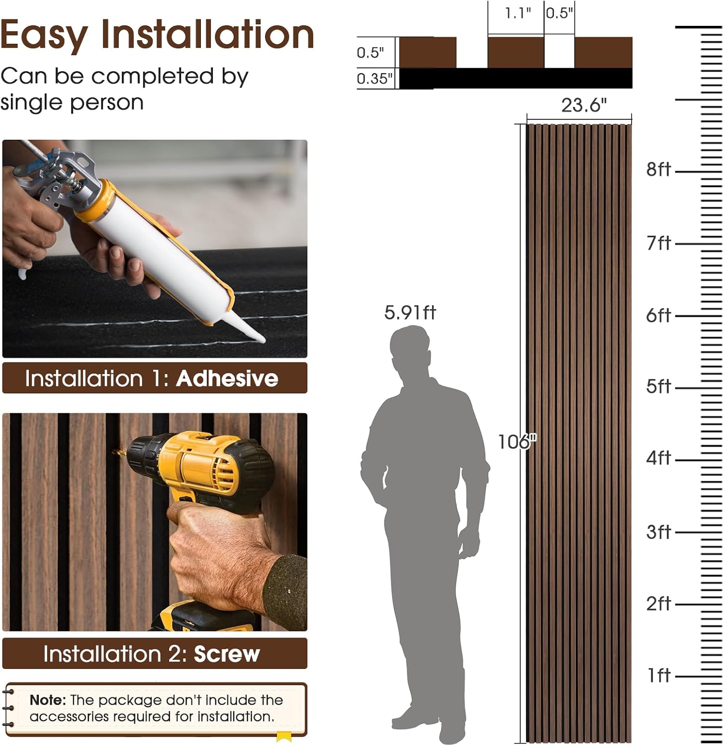 Detalle 2 de LarWorks AP1062WN02-01 Acoustic Wood Slat Panels, Walnut, 3D Fluted, 2-Pack