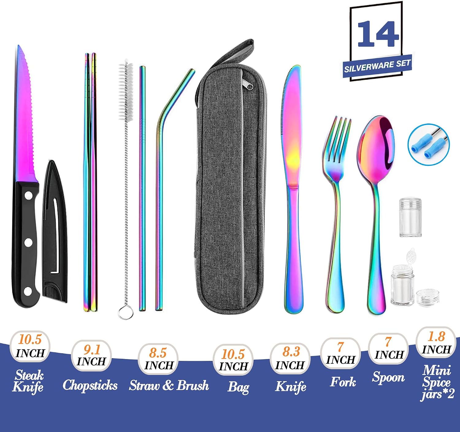 Detalle de Hommaly Rainbow Stainless Steel Travel Utensil Set with Case, Chopsticks and Straws
