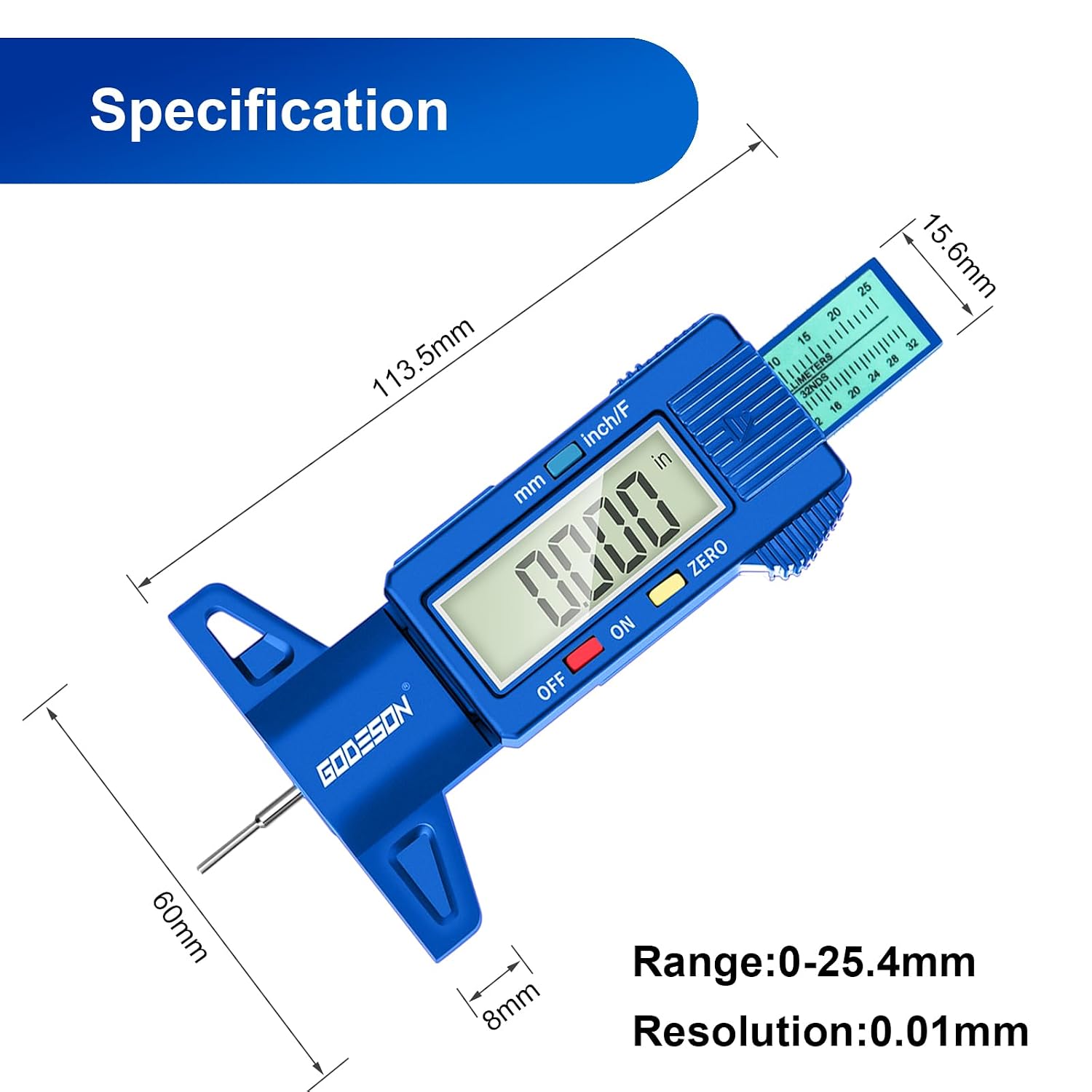 Detalle 2 de GODESON DTG02-2BL Digital Tire Tread Depth Gauge, 3 Measurement Modes