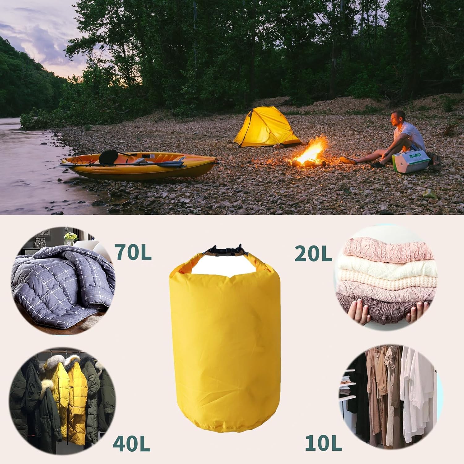 Detalle 2 de Sac étanche 10L/20L/40L/70L/90L en polyester 210T, fermeture enroulée — jaune (pour kayak, plage, randonnée)