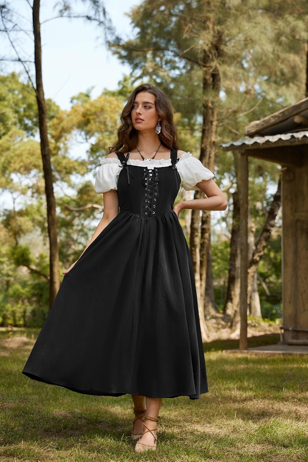 Detalle de SCARLET DARKNESS Damen Renaissance Korsett Kleid – Ärmellos mit Schnürung, Maxi-Kleid