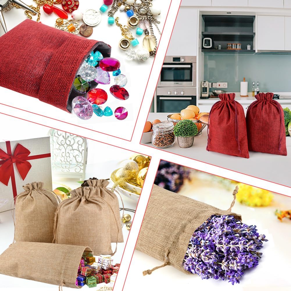 Detalle de PLECUPE 30Pcs Sac Toile de Jute – Pochette 20x30 cm Bordeaux avec Cordon en Ficelle de Chanvre