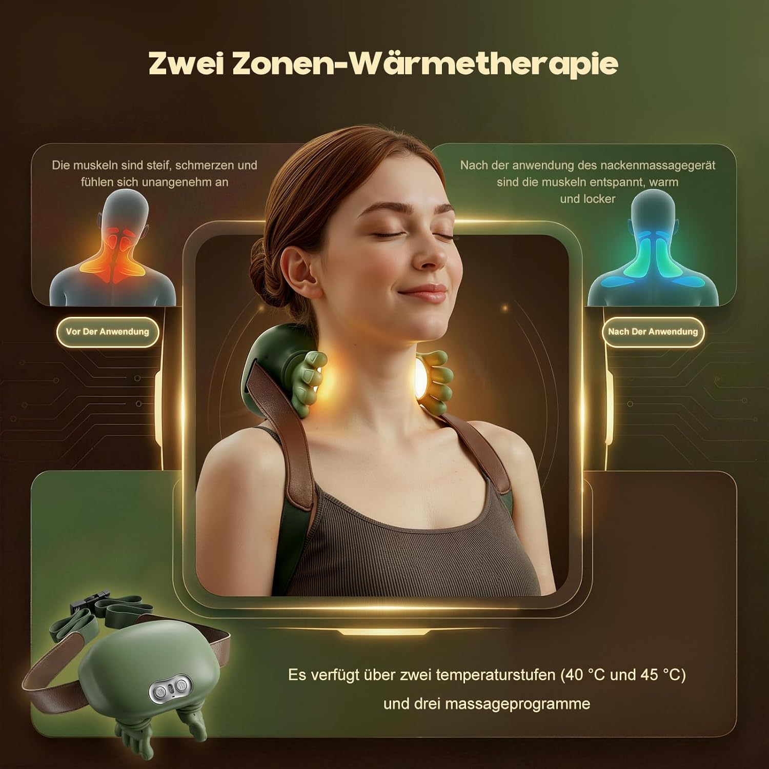 Detalle de 4D Nackenmassagegerät mit Wärme – Tragbares Nackenmassagegerät in Grün