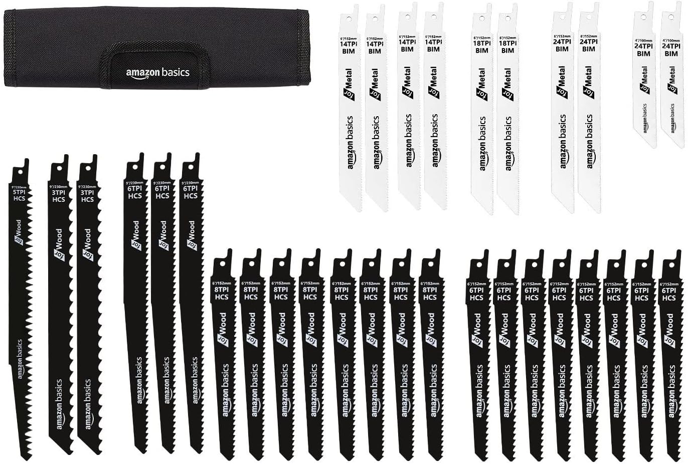 Detalle de Amazon Basics Reciprocating 32 Piece Saw Blade Set With Organiser Pouch, Black & White