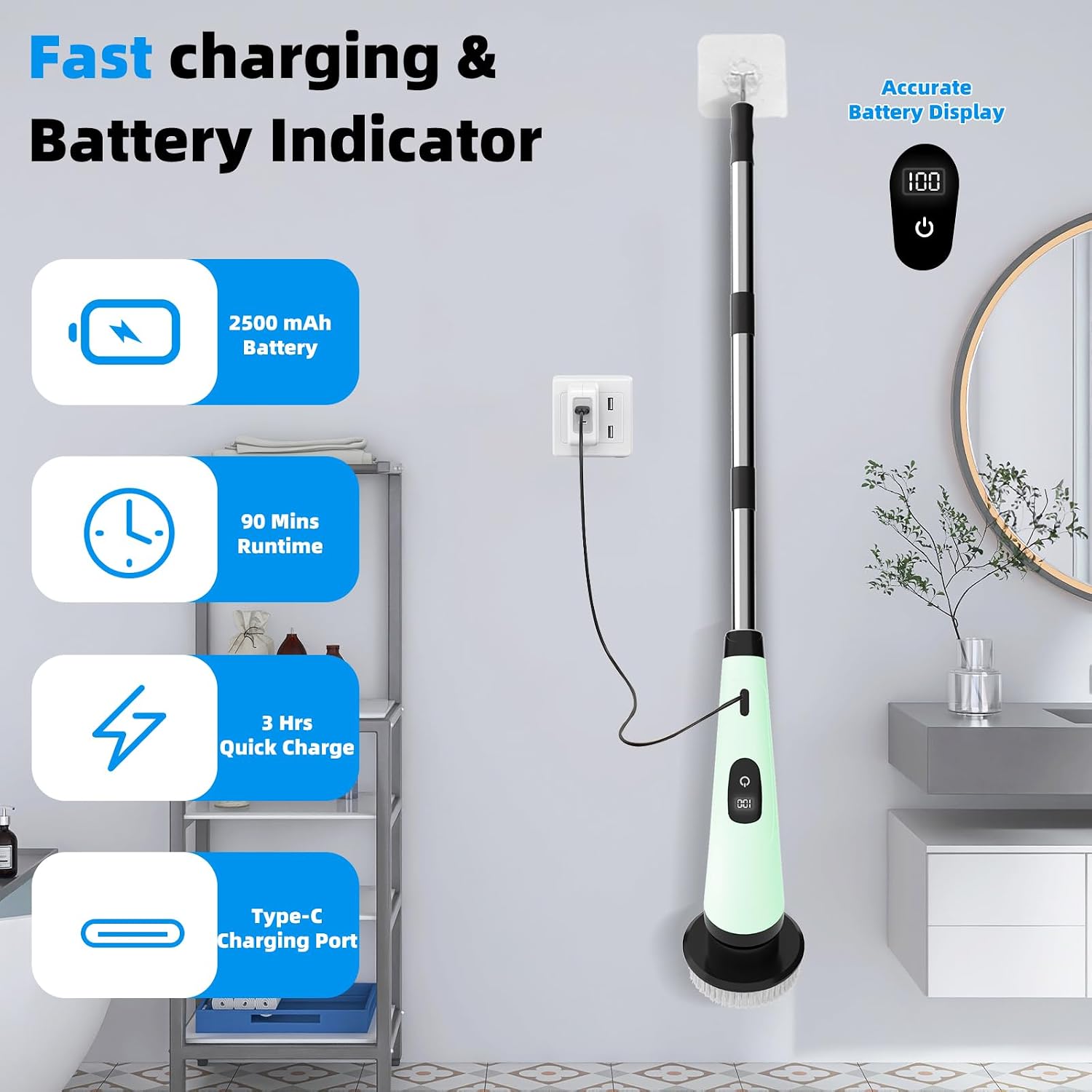 Detalle de SINZUX Electric Spin Scrubber with 8 Replaceable Heads, LED Display and Adjustable Extension Handle (Green)