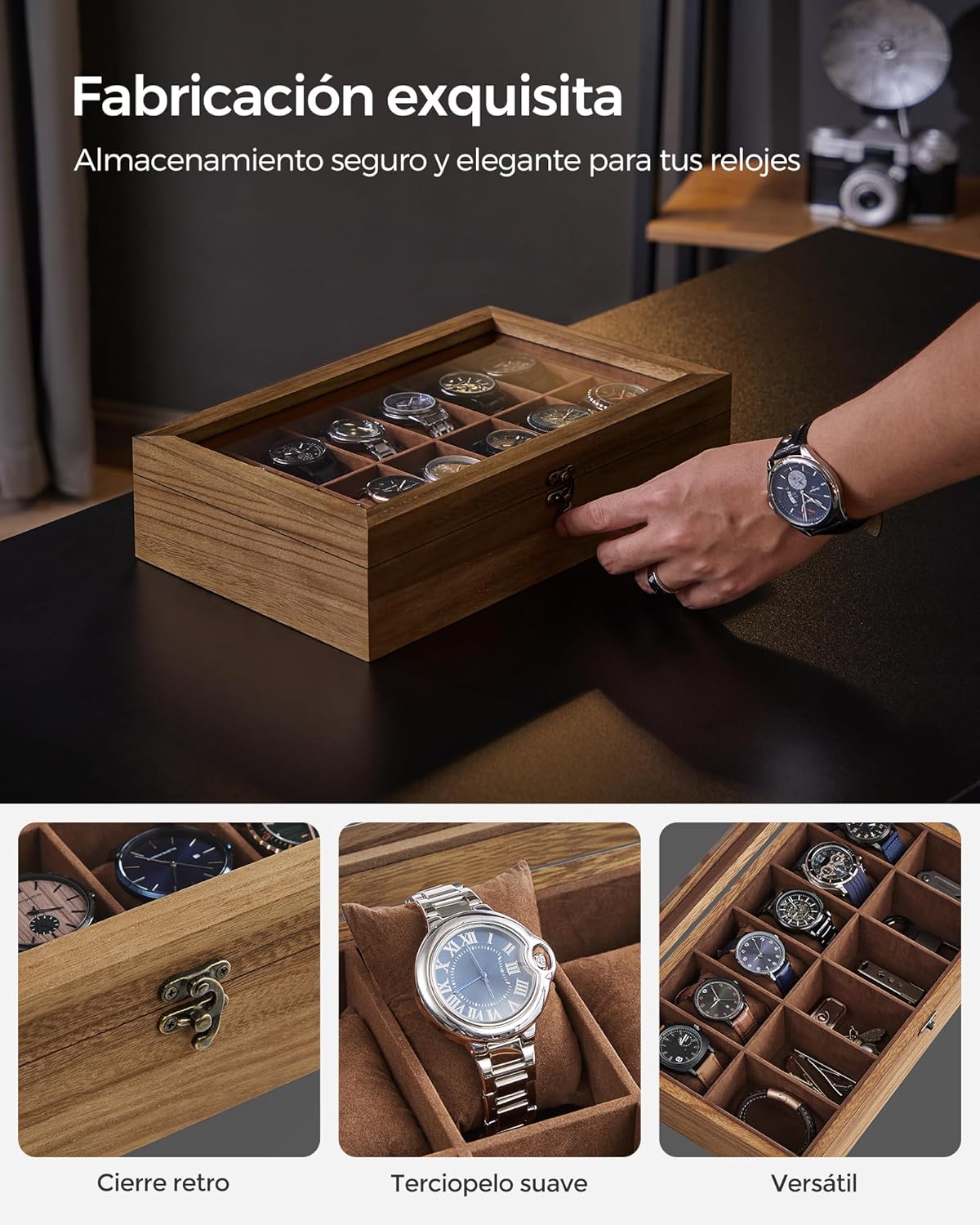 Thumbnail 2 de SONGMICS Caja para relojes 12 compartimentos Nogal
