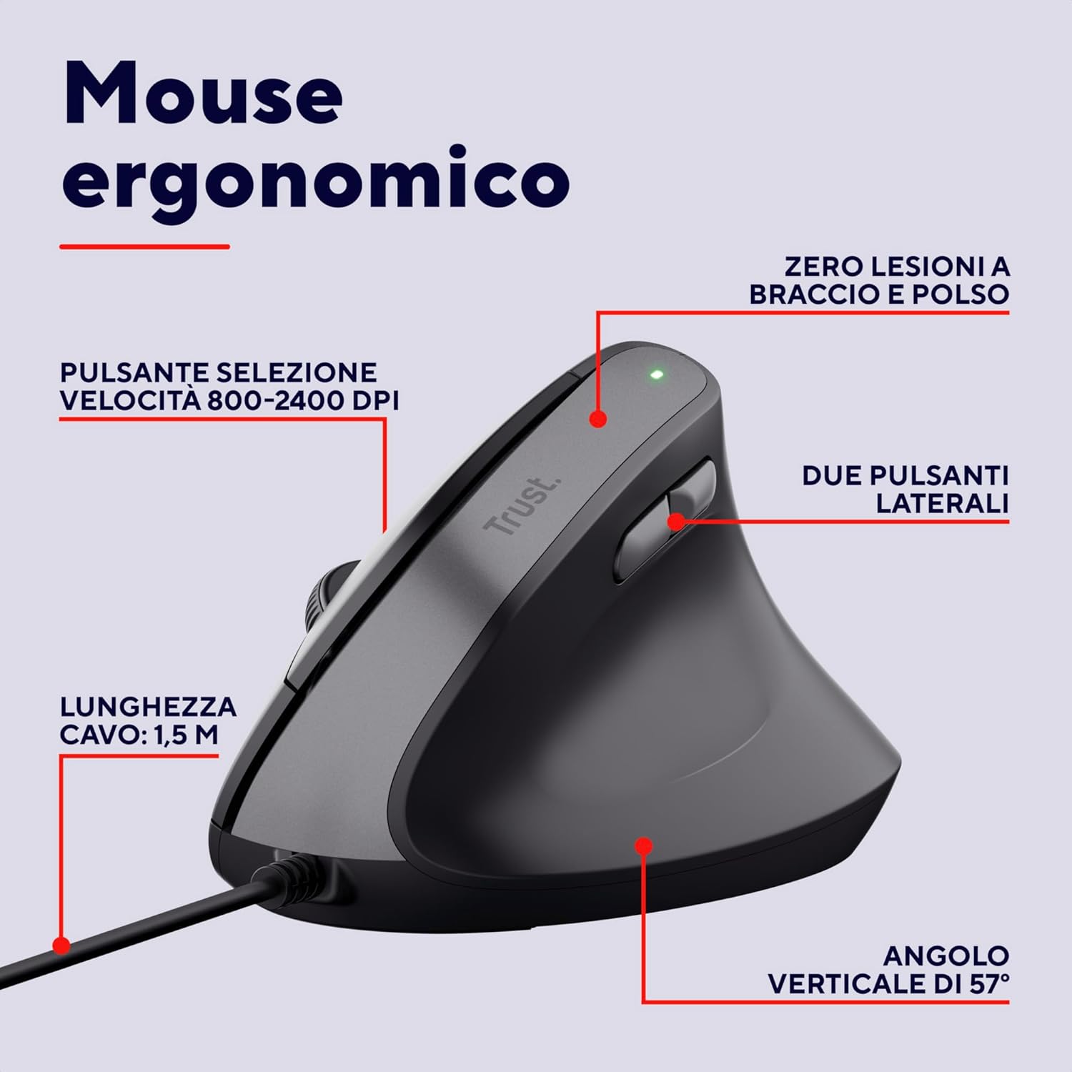 Thumbnail 1 de Trust Yuno mouse ergonomico verticale cablato per destrorsi con cavo USB 1,5 m e DPI regolabili 800-2400