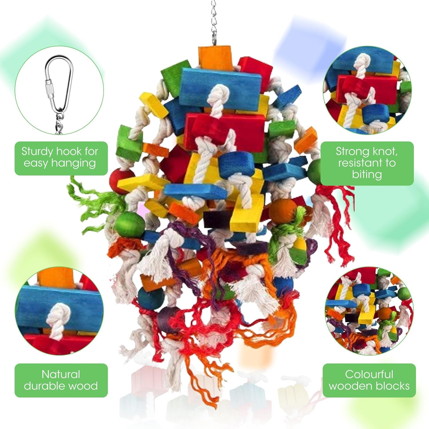 Detalle de MQUPIN Large Parrot Toys: Strong Chewing Wooden Blocks for Large & Medium Birds