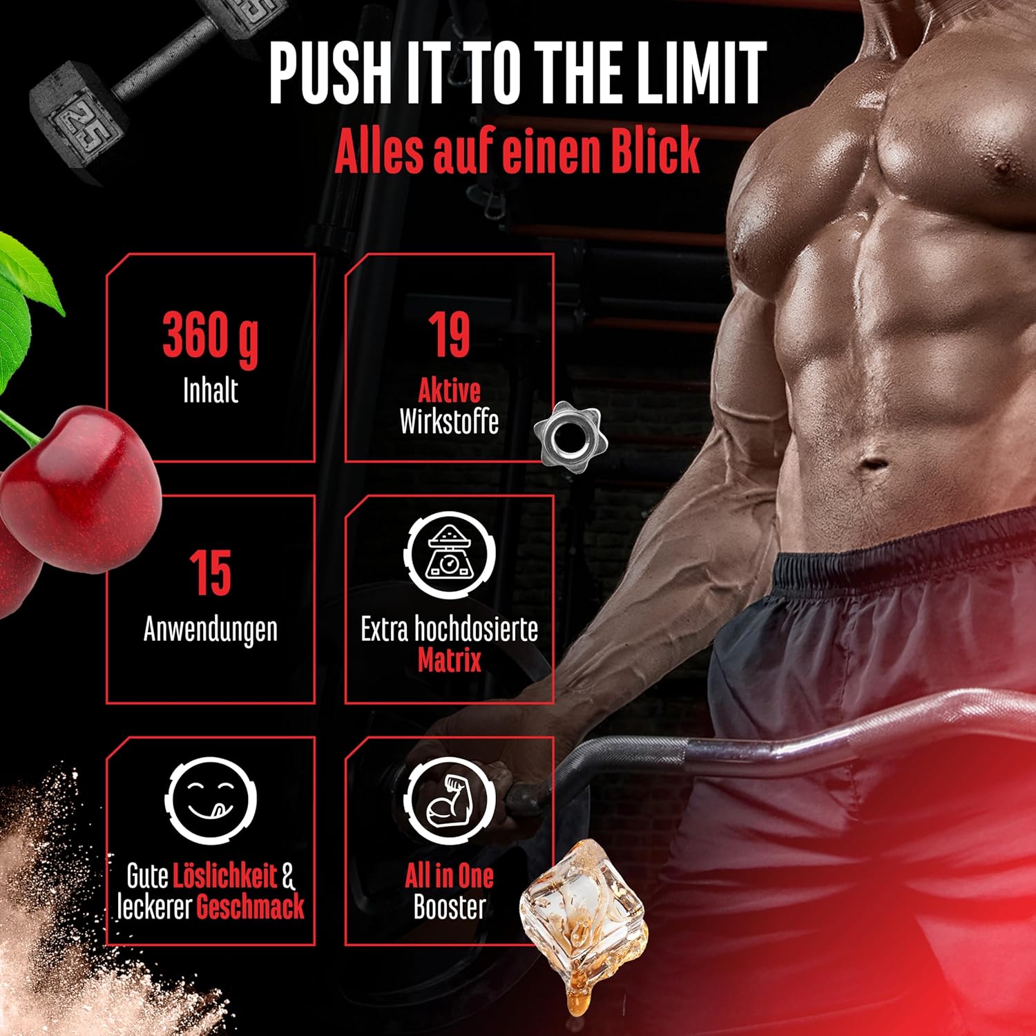 Thumbnail 2 de Push it to the Limit Pre Workout mit L-Arginin, Citrullin & Koffein – Hochdosiert, 360 g (Cherry Kiwi) – 15 Anwendungen
