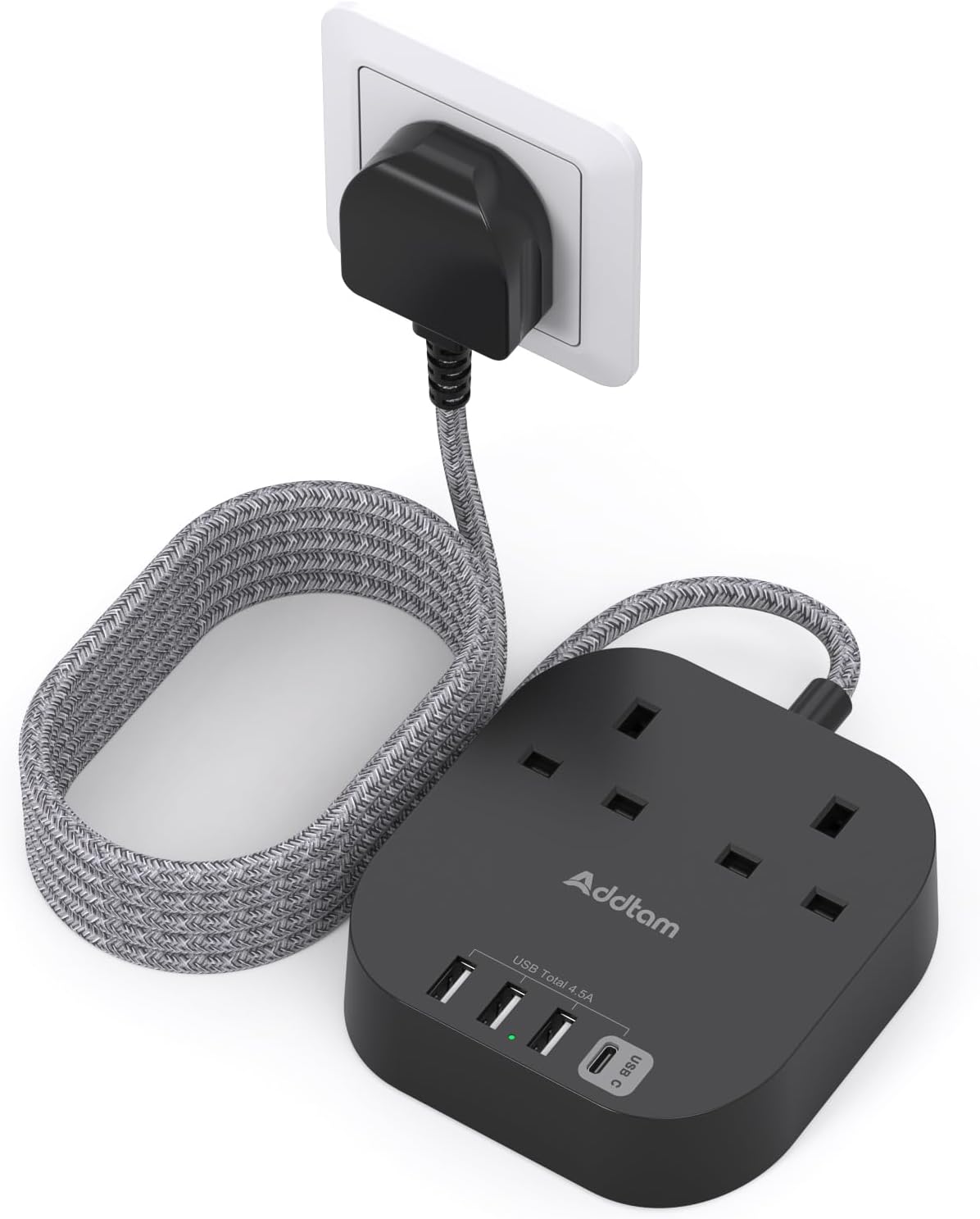 Thumbnail 6 de Addtam Extension Lead Power Strip with 2 Way Outlets, 4 USB Ports and 5m Braided Cord (Surge Protection)