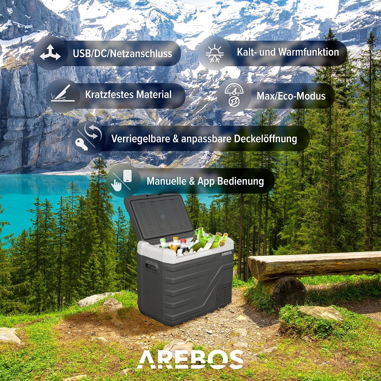 Detalle de Arebos Kompressor Kühlbox 43 Liter – Mobile Gefrierbox mit APP, USB-Ladeanschluss und Smart-Steuerung