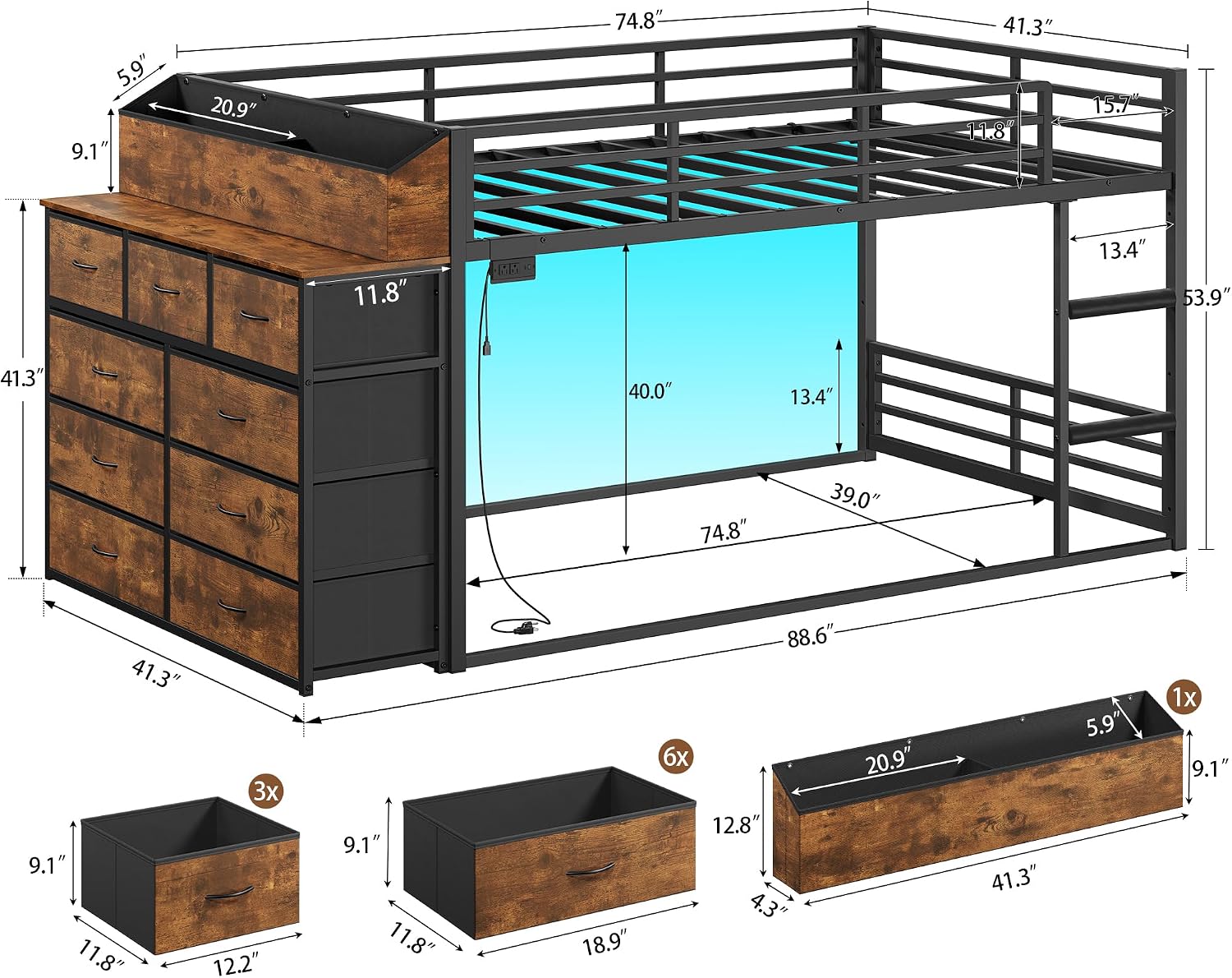 Detalle de Twin-over-Twin Metal Bunk Bed with 9 Drawers