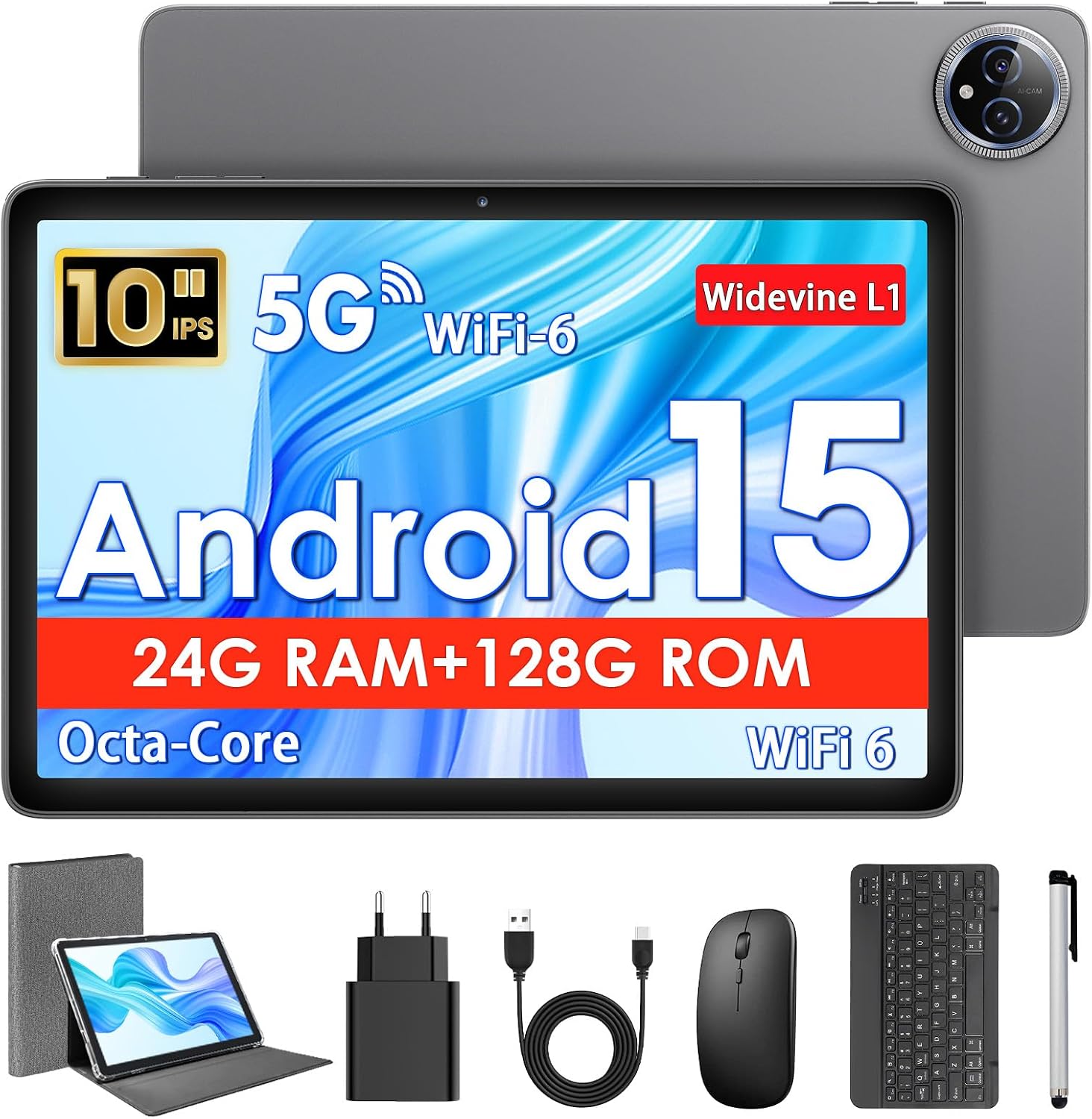 Detalle de Tablet 10 Zoll Android 15 mit Hülle, Maus & Tastatur, Octa-Core, 24 GB RAM + 128 GB ROM + 1 TB TF, 1280x800 HD IPS-Display