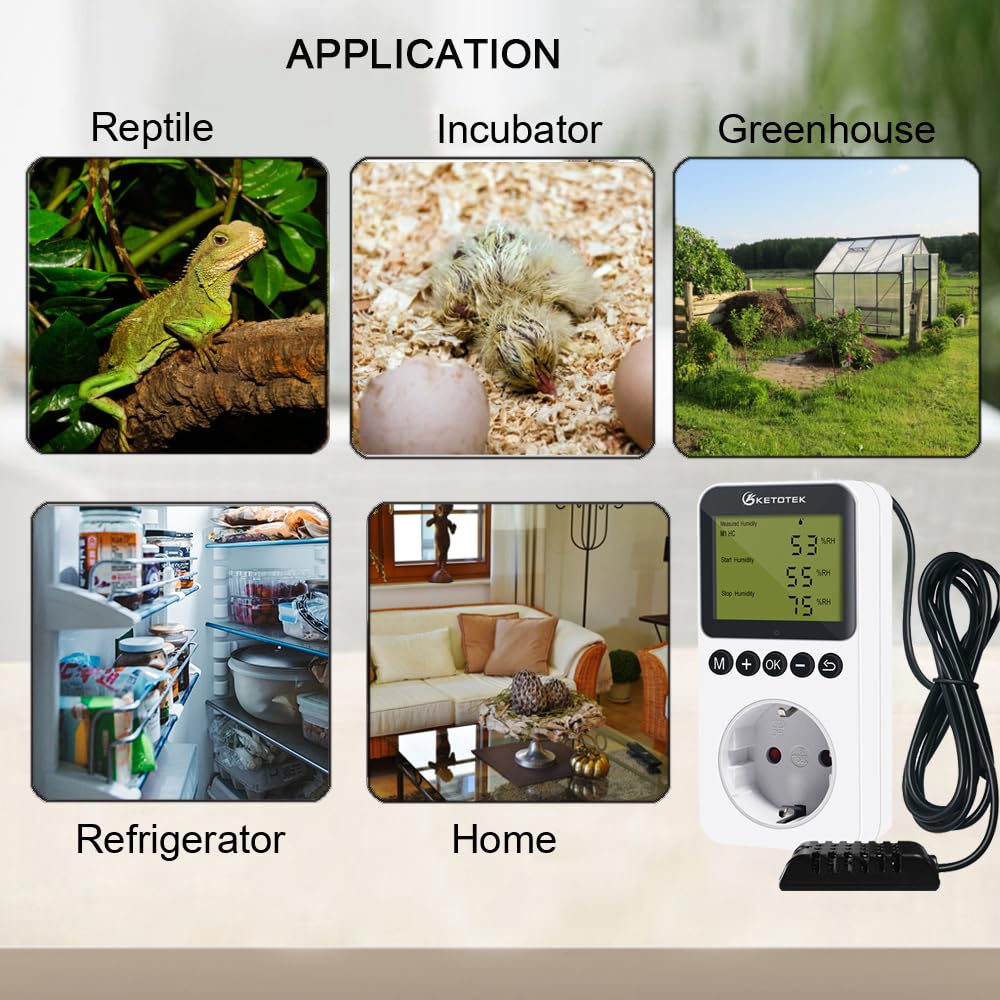 Thumbnail 5 de KETOTEK Prise hygrostatt numérique avec sonde : contrôleur d’humidité 220 V pour terrarium, couveuse et serre