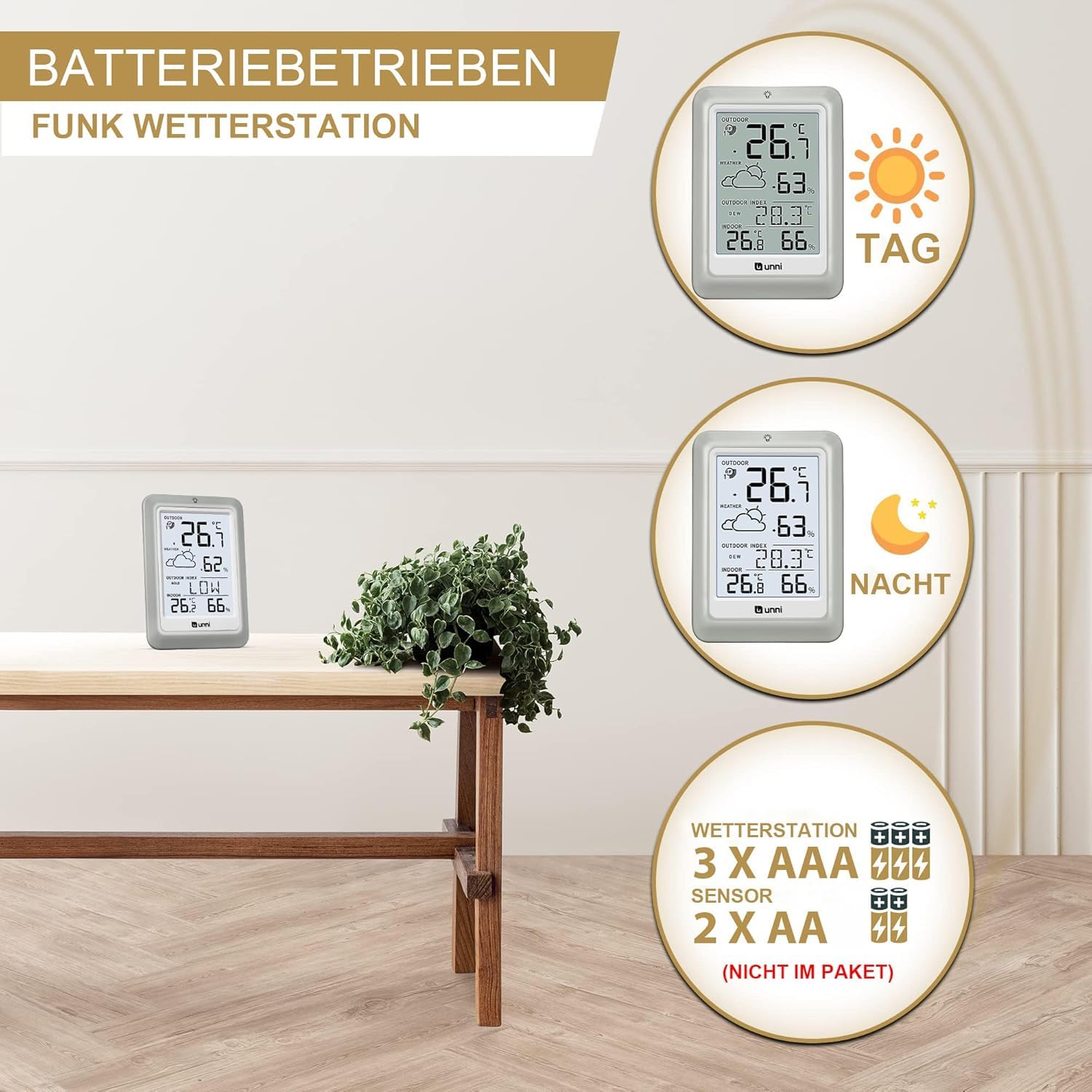 Thumbnail 5 de U UNNI Funk-Wetterstation mit Außensensor (Batteriebetrieb) – Wettervorhersage, °C/°F & 2 Helligkeitsstufen