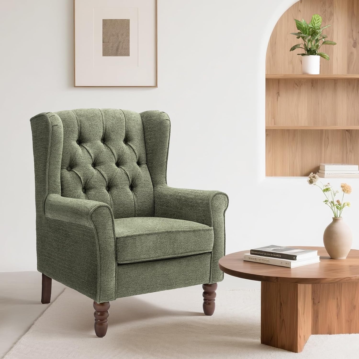 Detalle de COLAMY W290 Mid-Century Modern Wingback Accent Chair, Green Fabric