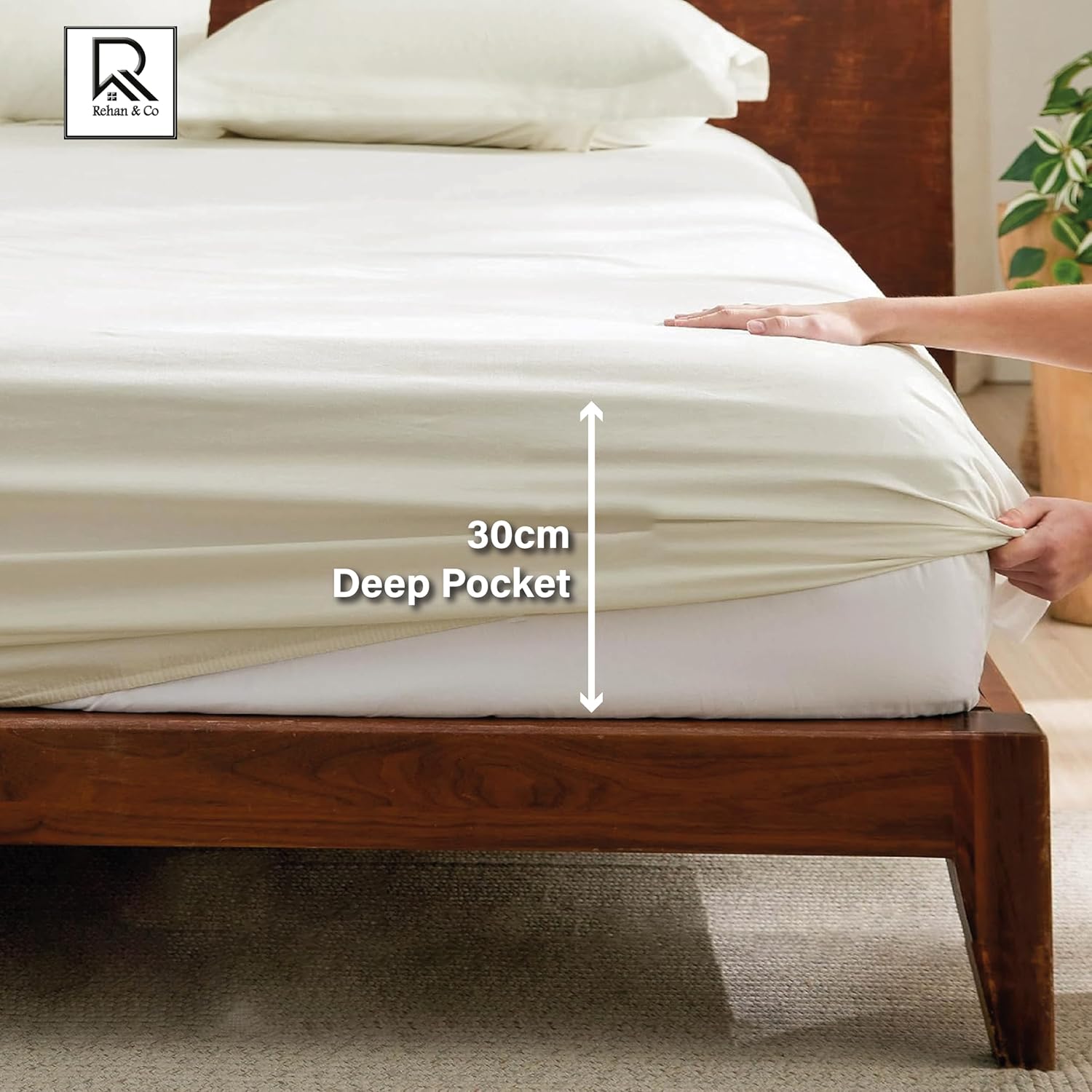 Detalle de Rehan & Co 100% Egyptian Cotton King Fitted Sheet (Cream) – 300 Thread Count, 12in / 30cm Deep