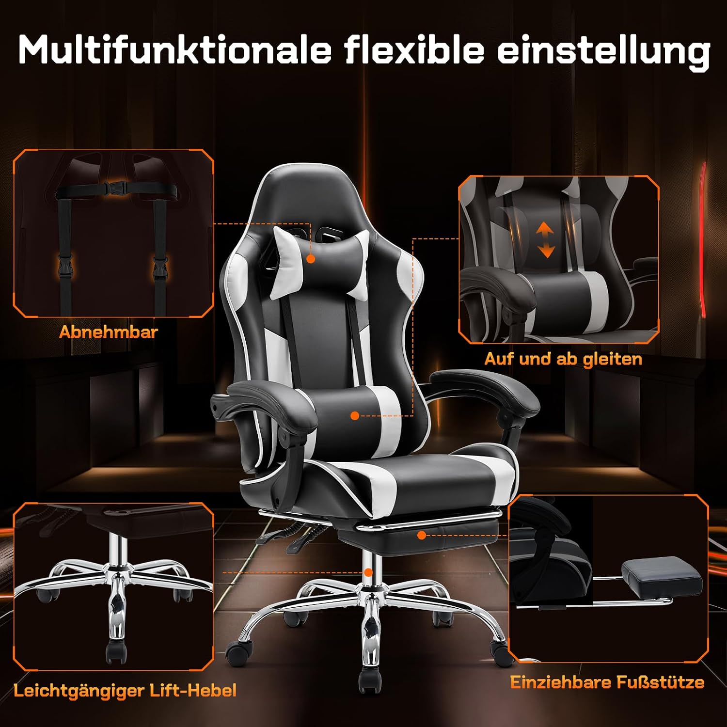 Detalle de Sweetcrispy Gaming Stuhl – Ergonomischer Bürostuhl mit Fußstütze und verstellbarer Rückenlehne (90–150°)