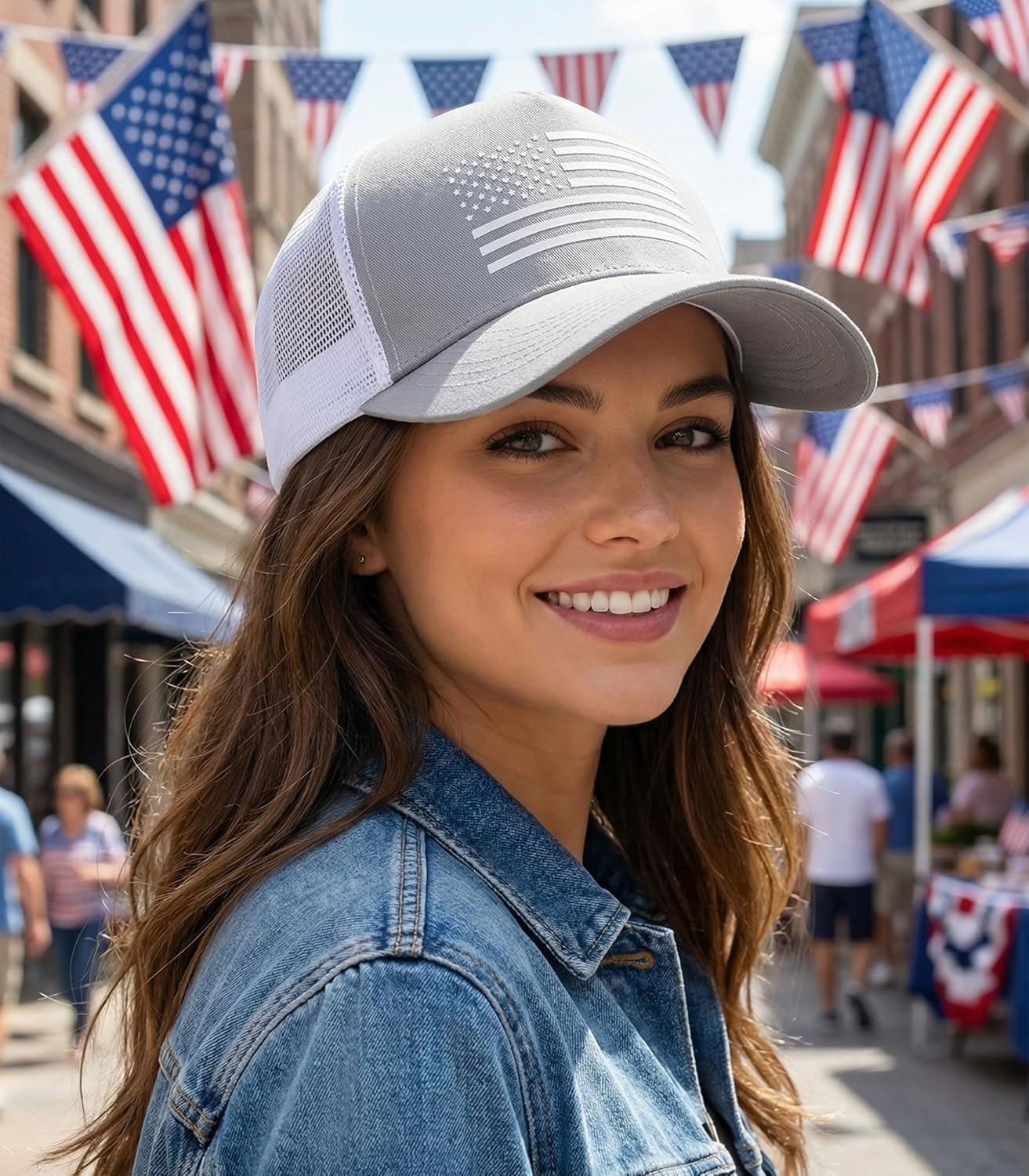 Detalle de SPXKD American Flag Trucker Hat – Adjustable Mesh Snapback for Men and Women
