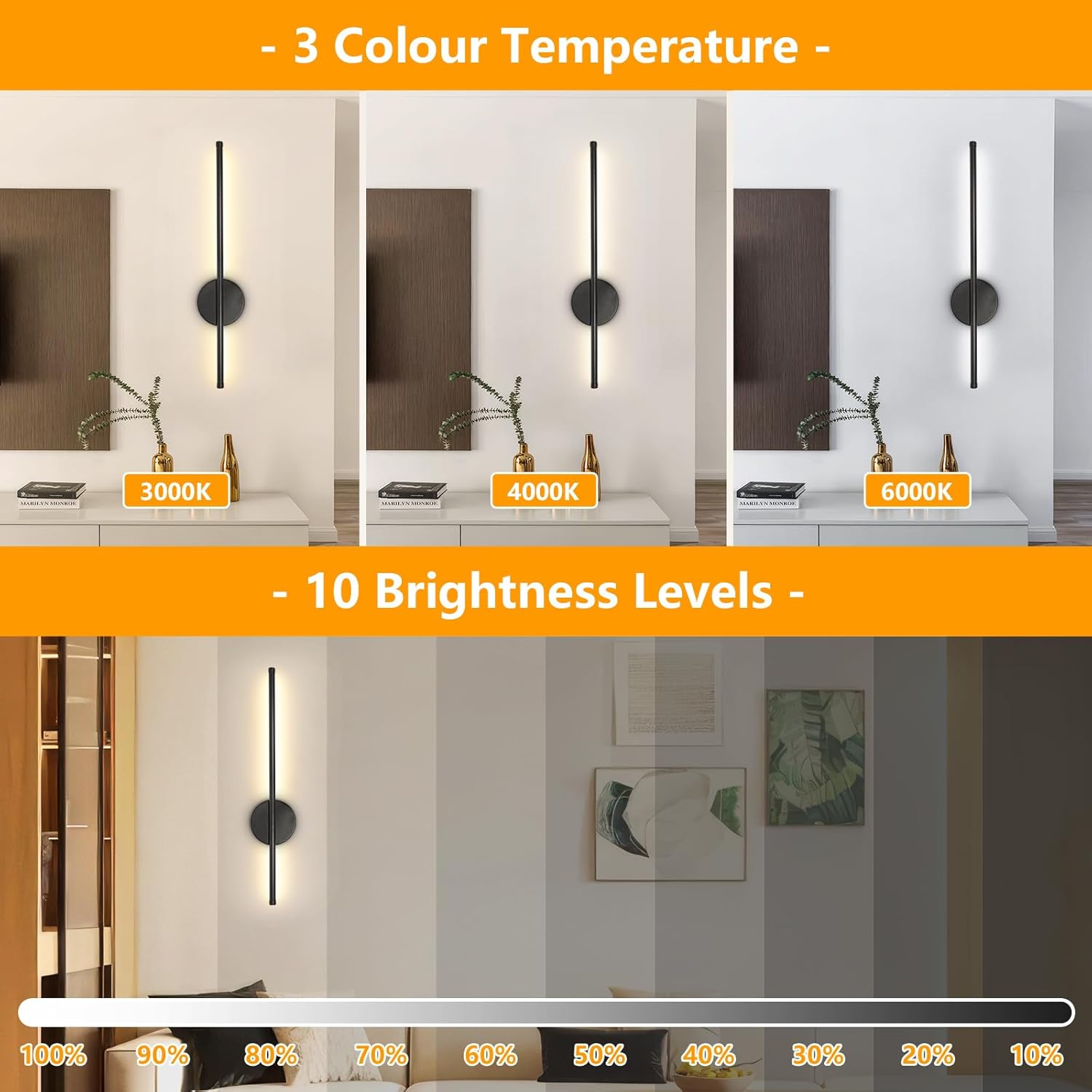 Detalle de Dehobo Rechargeable Wall Sconce Lights (2-pack) – 3 colour temps, wireless with remote, dimmable, 60cm