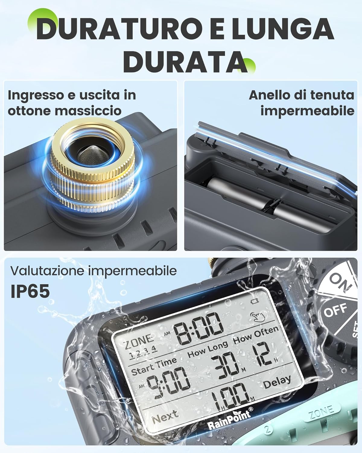 Thumbnail 5 de RAINPOINT Centralina Irrigazione 4 Zone – Timer impermeabile IP65 con ritardo pioggia e controllo manuale