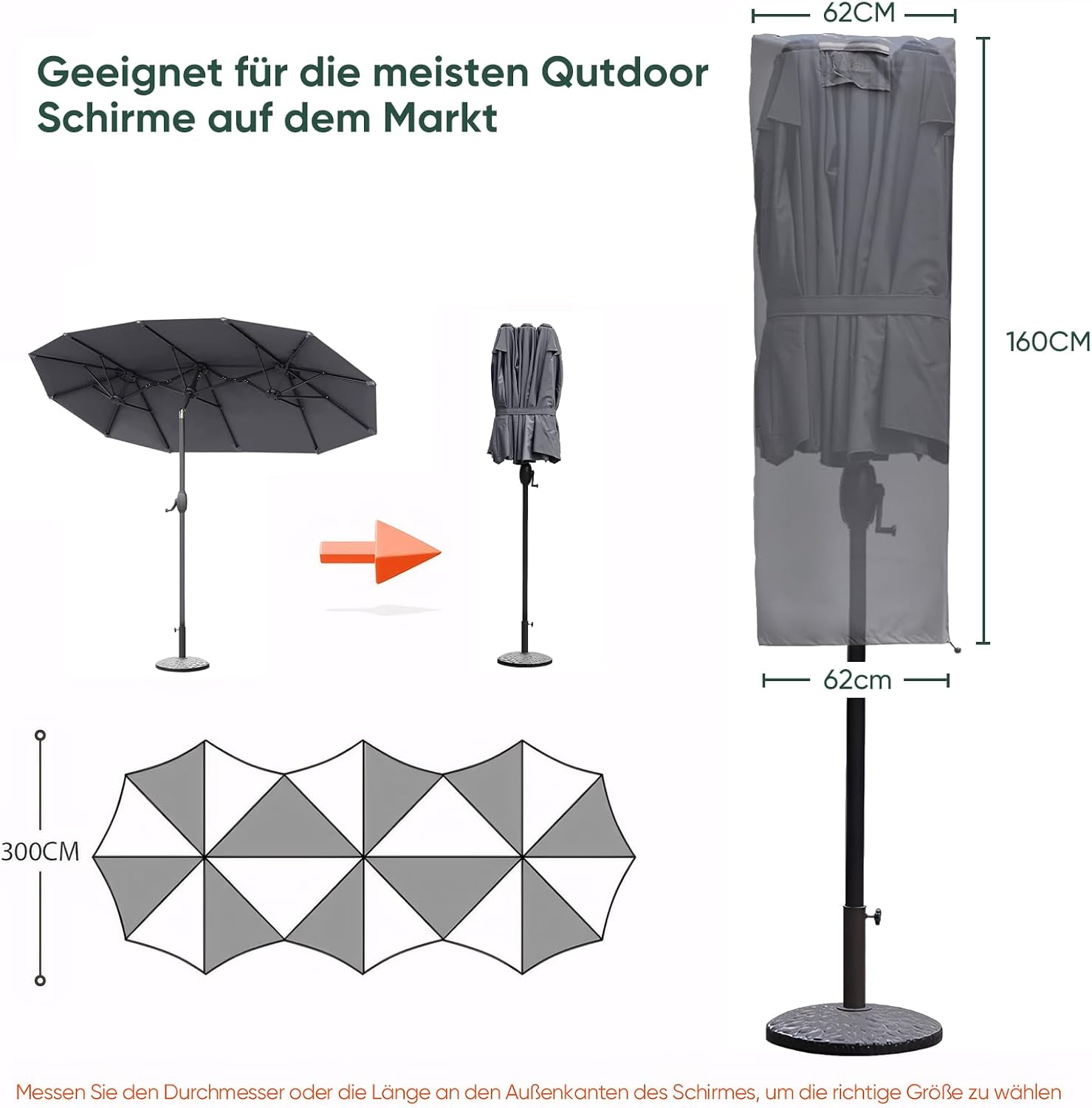 Detalle de Sekey Schutzhülle für DoppelSonnenschirm – grau, robustes 600D Oxford-Gewebe