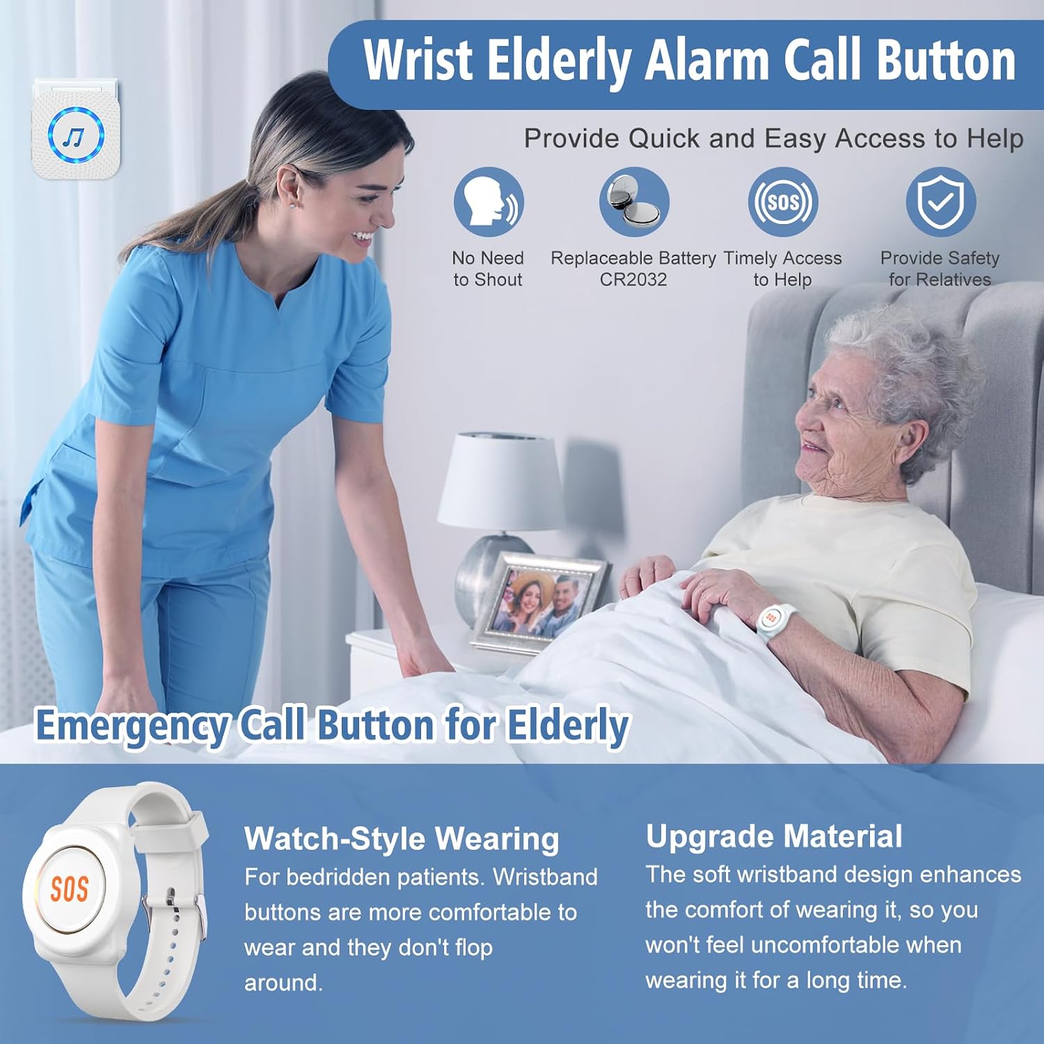 Detalle de ChunHee Personal Alarm System for Elderly – Waterproof Call Button & Receiver (1 receiver, 1 wrist button)