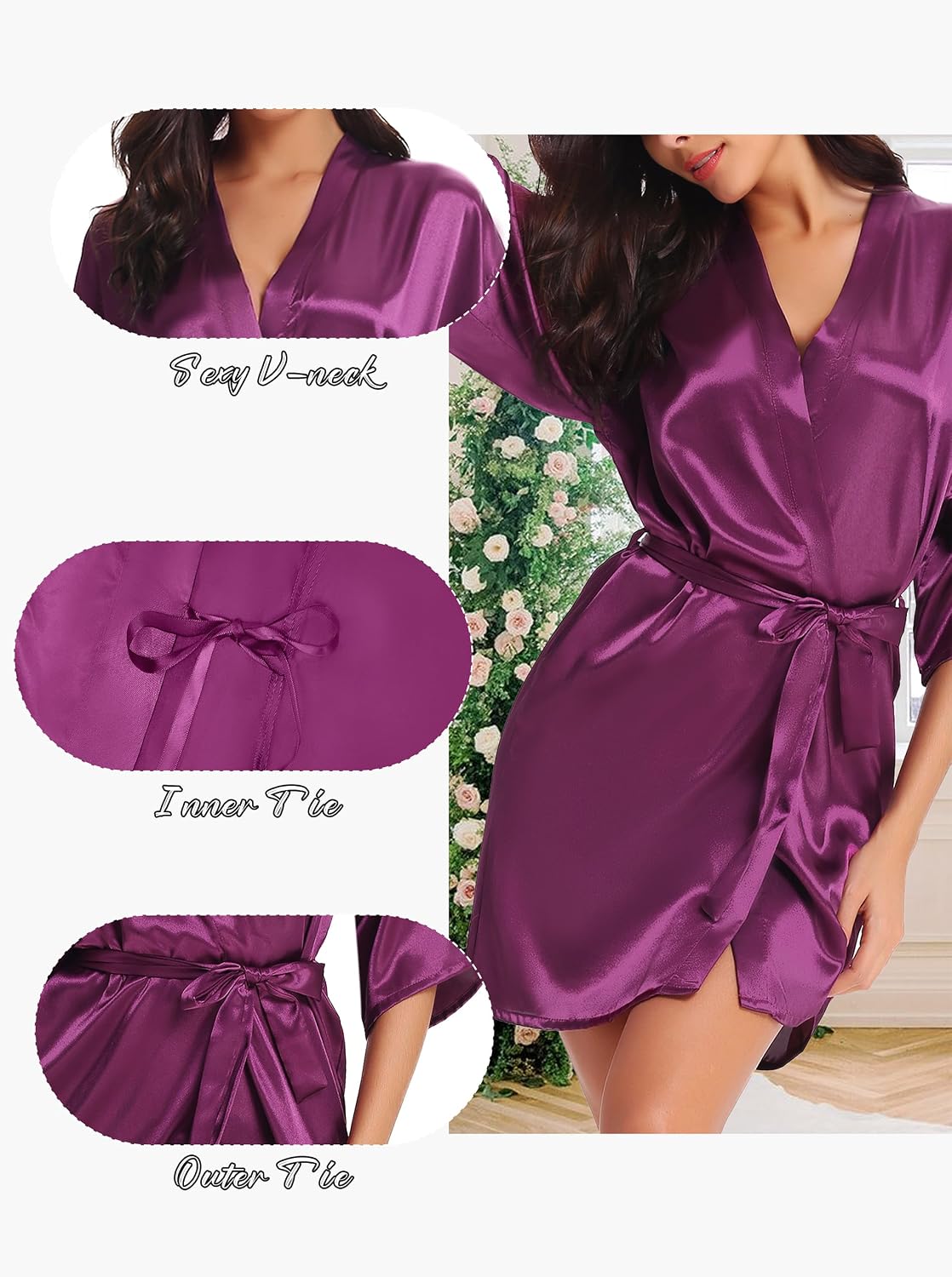 Detalle 2 de Wikoan Peignoir satin femme à manches 3/4 et col V (robe de chambre kimono)