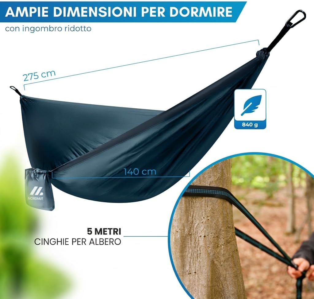 Thumbnail 5 de NORDMUT Amaca Ultralight Outdoor con Set di Fissaggi – Amaca da Campeggio 140 x 275 cm, Portata 300 kg, Blu