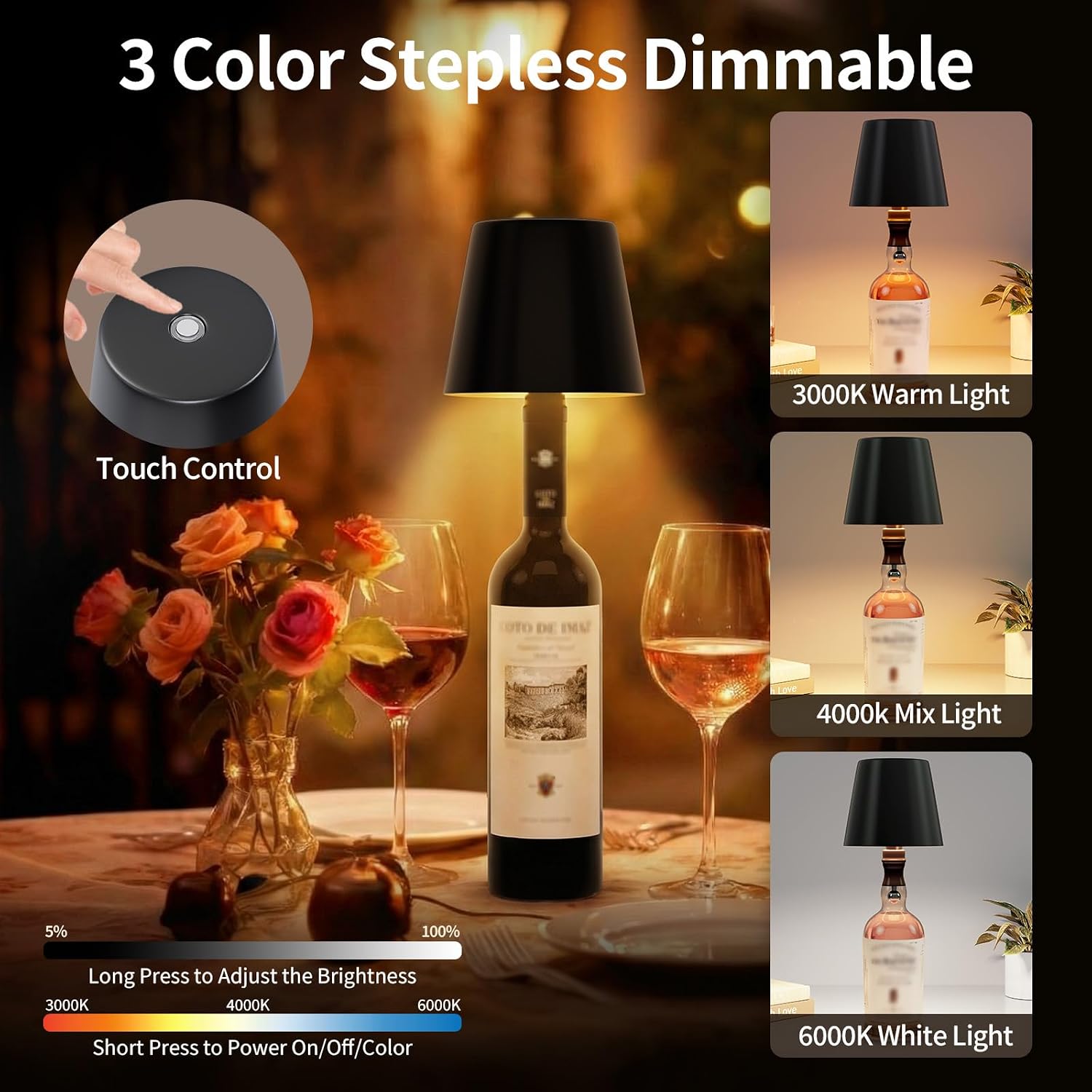 Detalle 2 de UPXNBOR Lot de 2 lampes LED en bouteille — Lampe de table sans fil, intérieur et extérieur, 3 températures de couleur, IP54