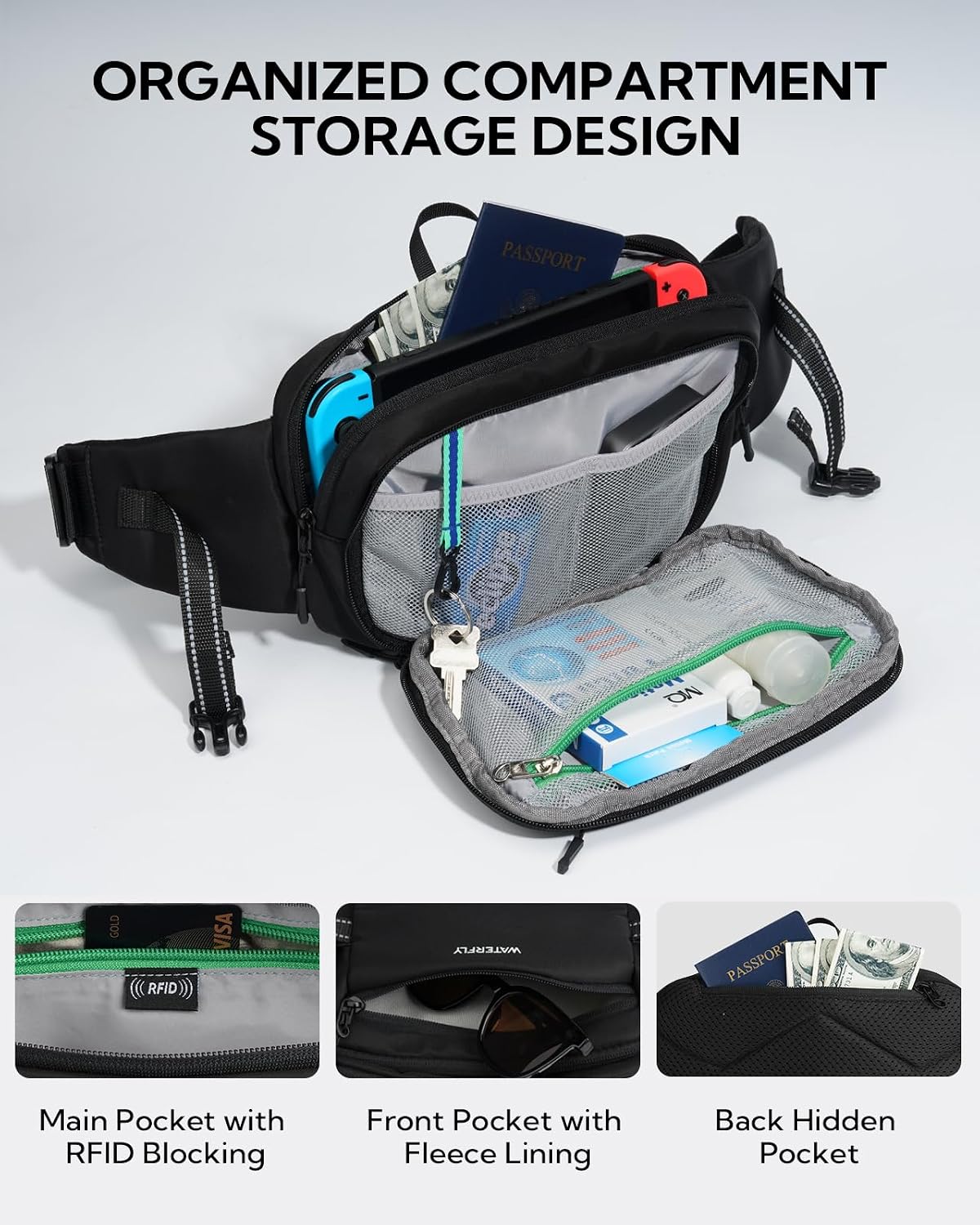 Thumbnail 4 de Waterfly 3L Large Bum Bag with RFID Blocking: Practical, Hands-Free Storage for Travel and Outdoors