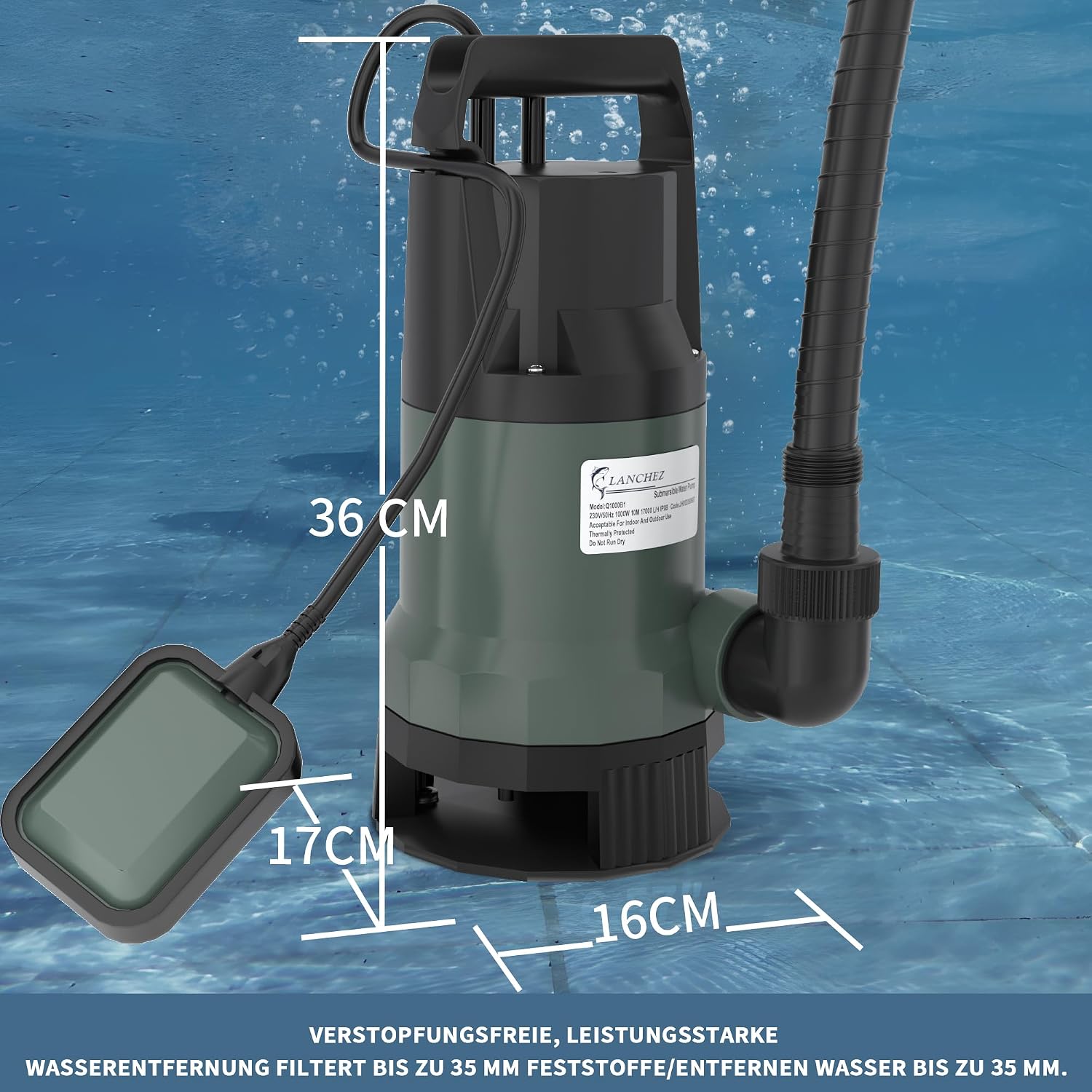 Thumbnail 3 de LANCHEZ Schmutzwassertauchpumpe 1000 W – 17.000 l/h, IPX8, mit Schwimmerschalter