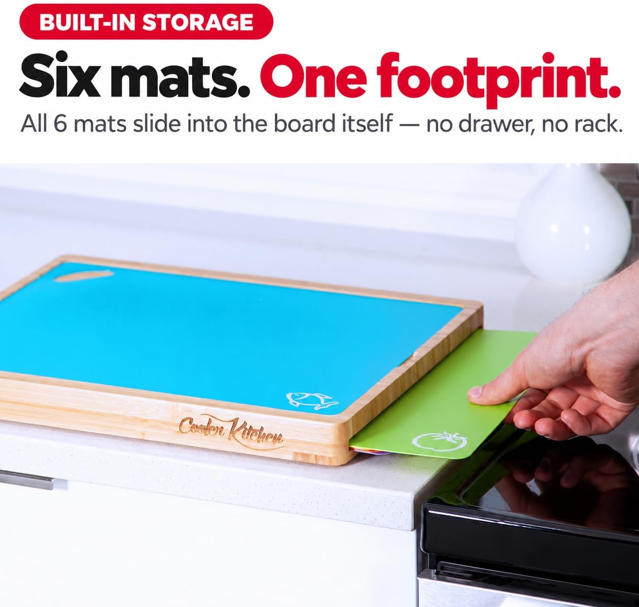 Detalle de Cooler Kitchen Bamboo Cutting Board Set with 6 Color-Coded Flexible Mats, Holder, BPA-Free (Dishwasher Safe)
