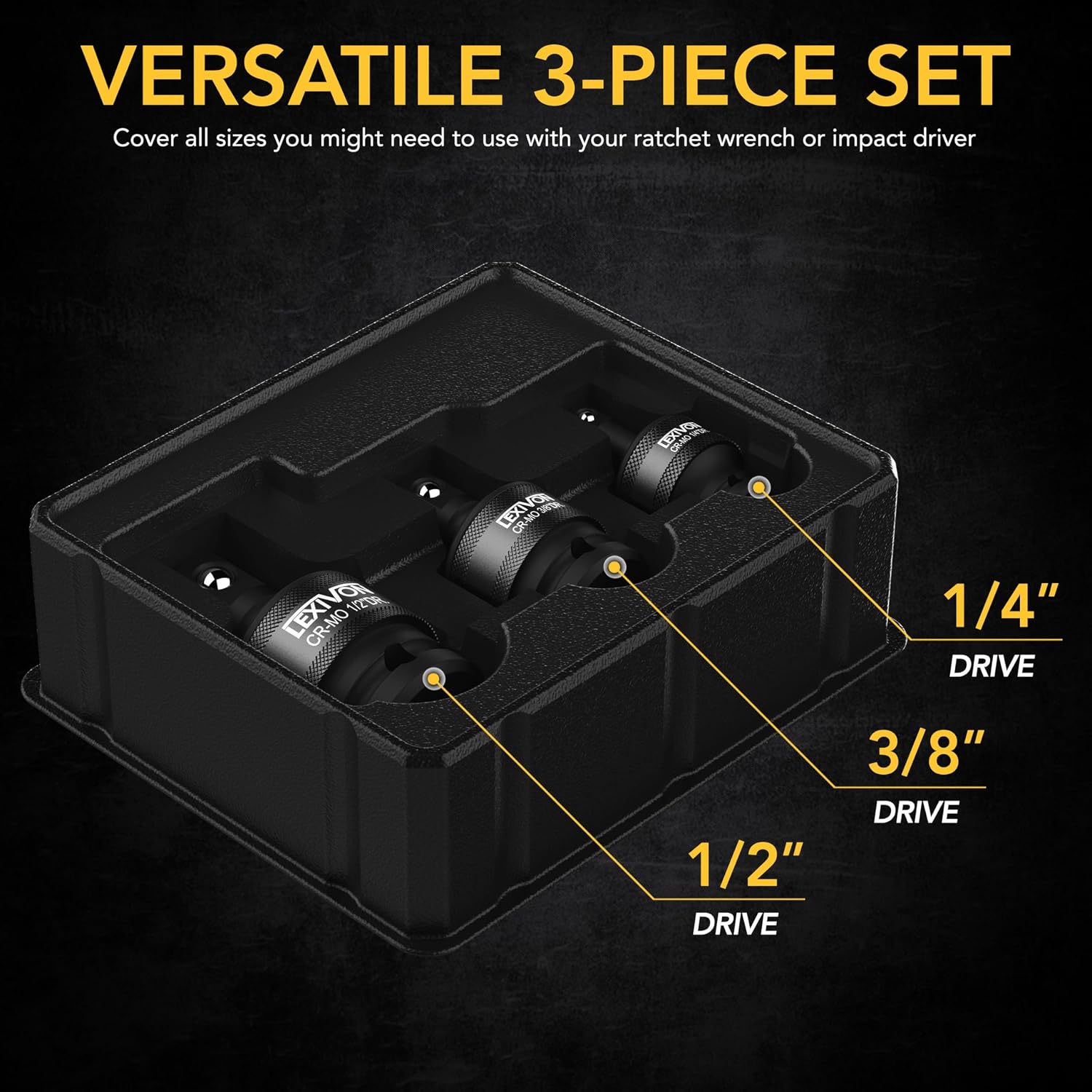 Detalle de LEXIVON LX-113 Impact Universal Joint Socket Swivel Set, 3-Piece, Cr-Mo Steel