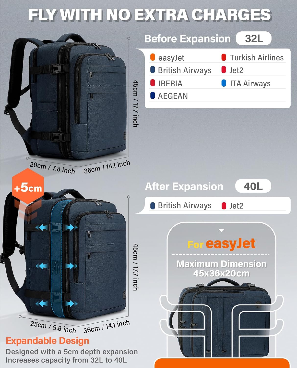 Thumbnail 1 de VANKEV Expandable Cabin Bag for EasyJet, Lufthansa, BA & Jet2 — 32L to 40L, 45x36x20/25 cm, Underseat 15.6" Laptop