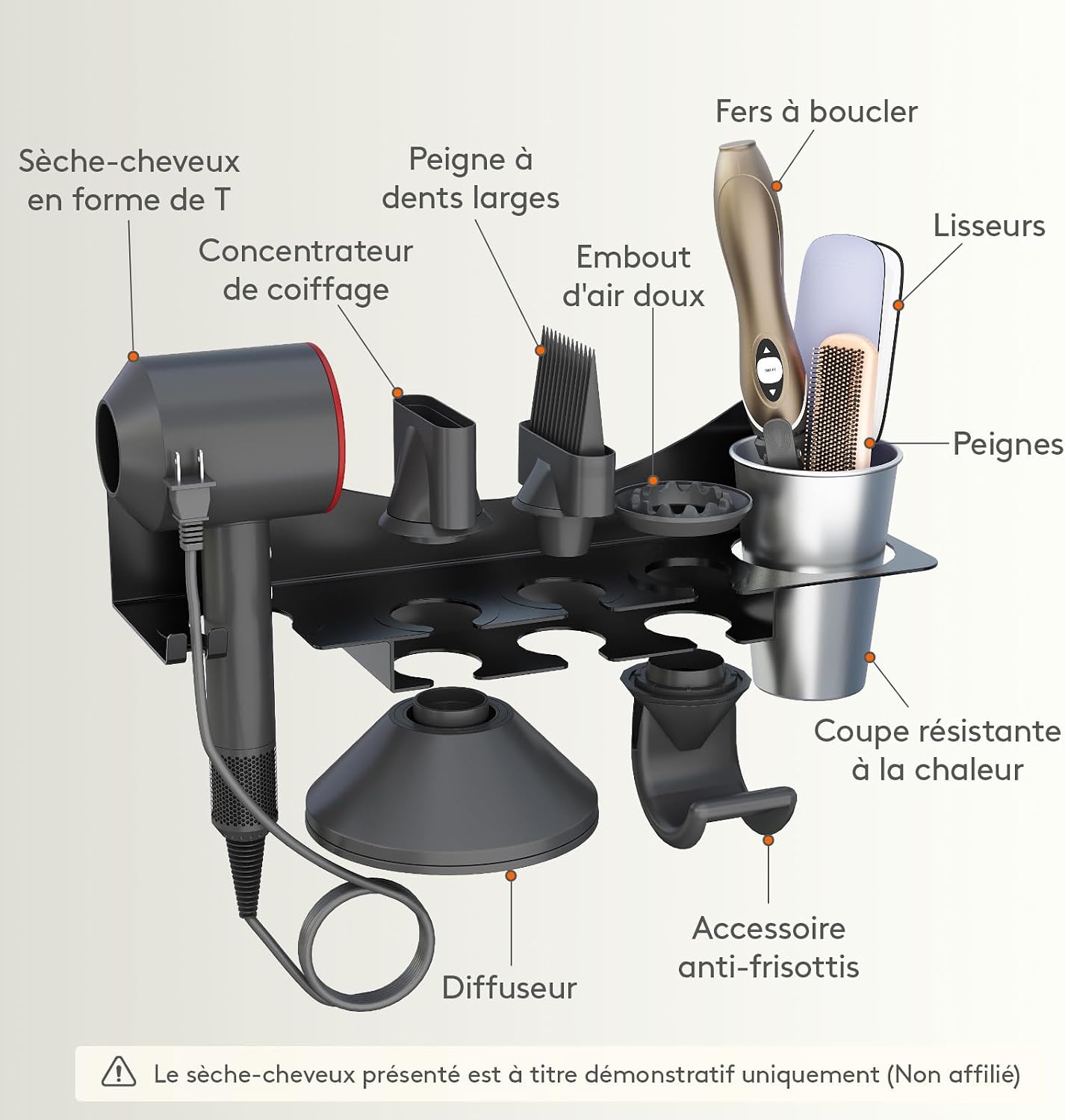 Detalle de Lifewit 24568 wandhouder voor Dyson-haardroger, zwart met hittebestendige beker