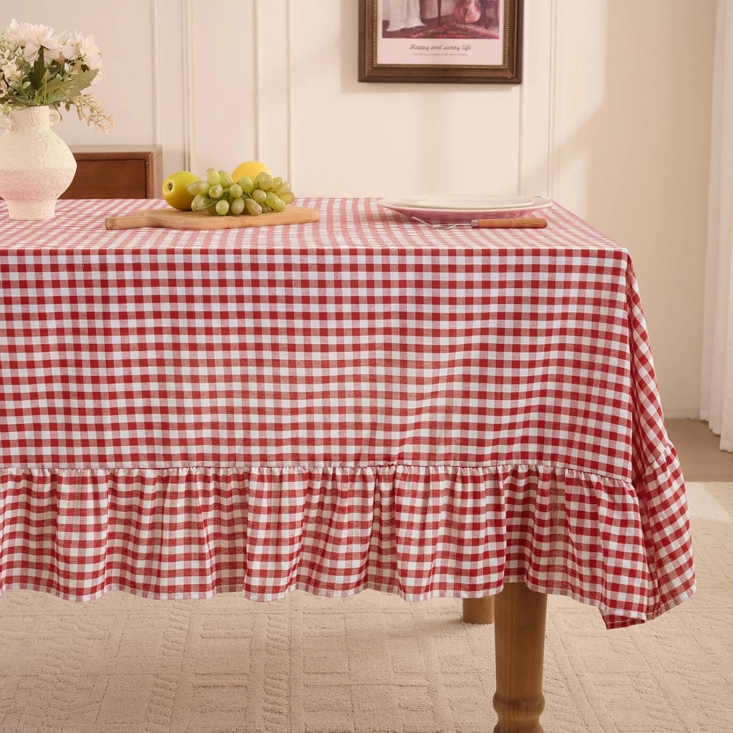 Detalle de Romanstile Gingham Ruffled Tablecloth Rectangle - Waterproof Linen Cotton Checkered Table Cloth, 60 x 84 Inches, Red