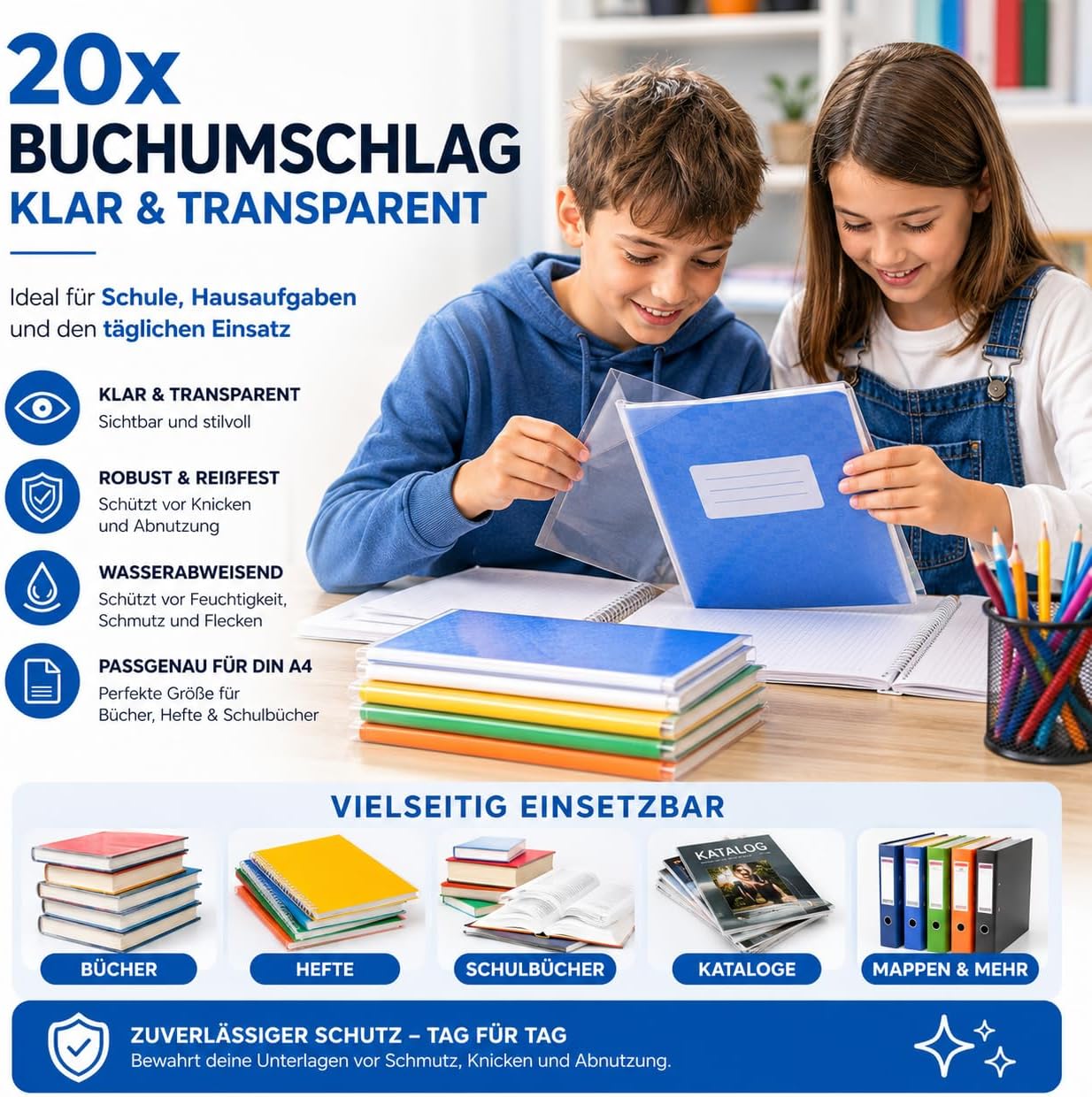 Detalle 2 de 20x Klarer Buchumschlag DIN A4 – Schutzumschlag & Hefthülle für Bücher, Hefte & Notizbücher