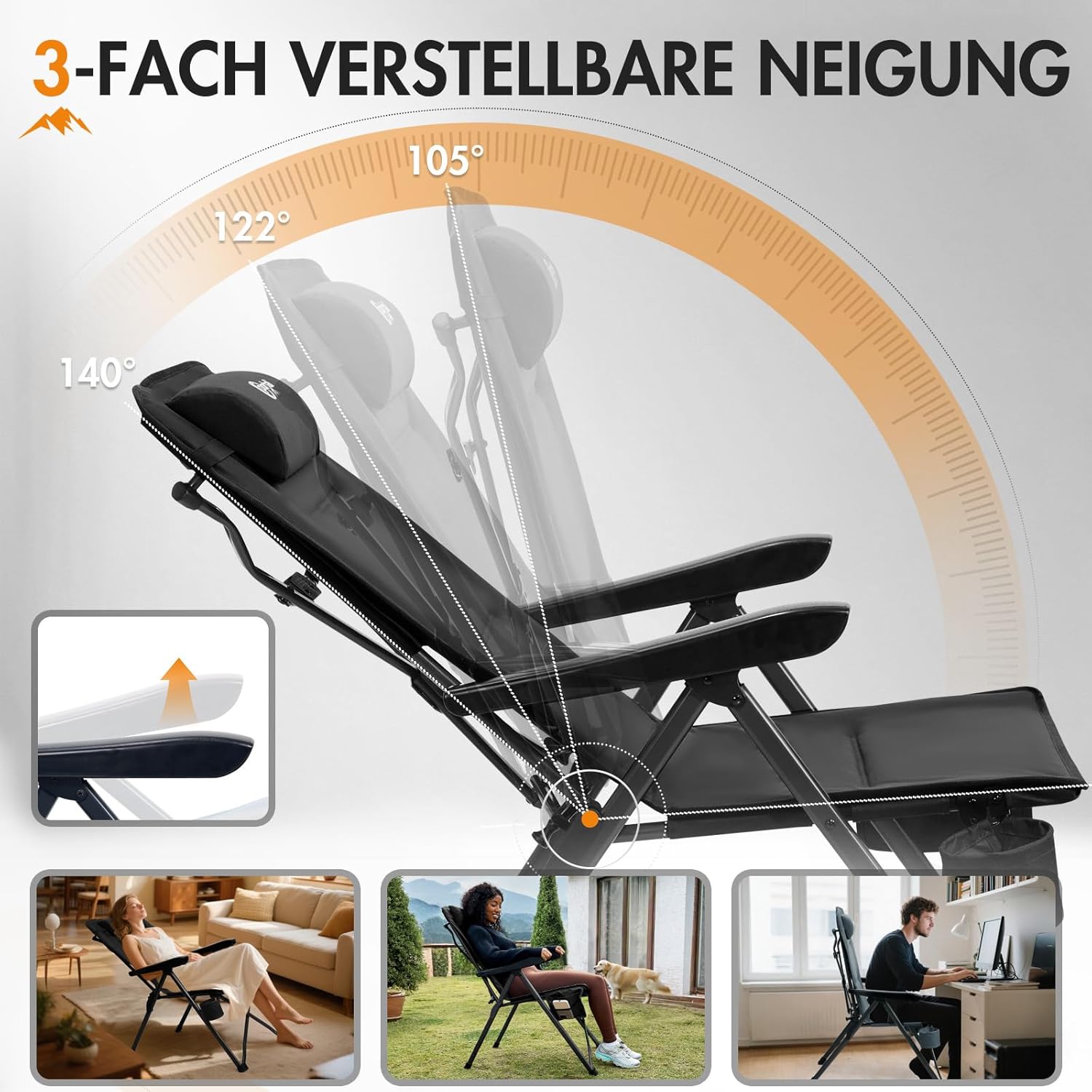 Thumbnail 3 de Faltbarer Campingstuhl mit verstellbarer Rückenlehne (3 Positionen) bis 160 kg – für Angler, Garten & Balkon