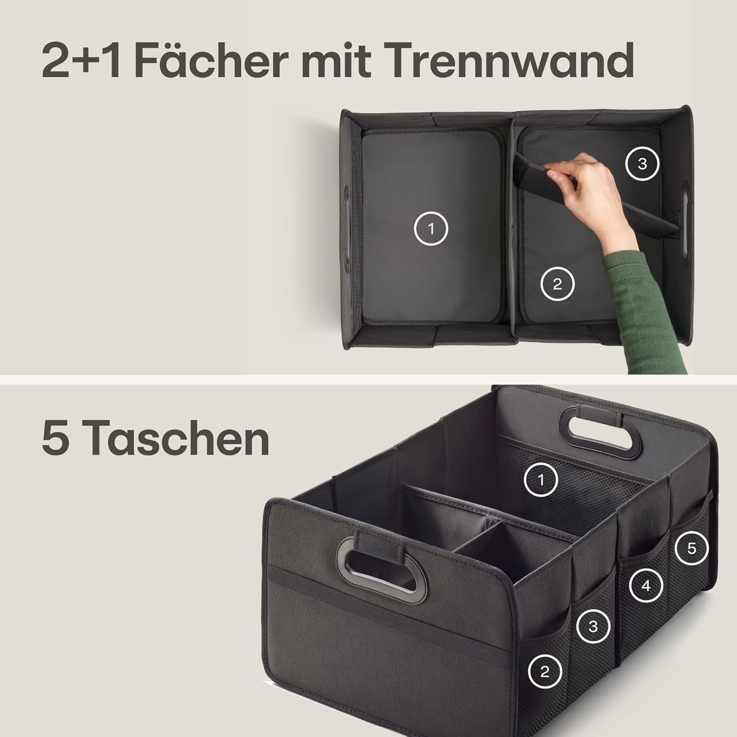 Detalle de Praknu Kofferraum Organizer Faltbar XL – 3 flexible Fächer, 40 L, rutschfest und wasserabweisend
