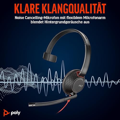 Detalle de Schnurgebundenes Headset Poly Blackwire 5210 von Plantronics – flexibler Mikrofonarm, Noise Cancelling, USB-C/USB-A/3,5 mm, Teams/Zoom kompatibel