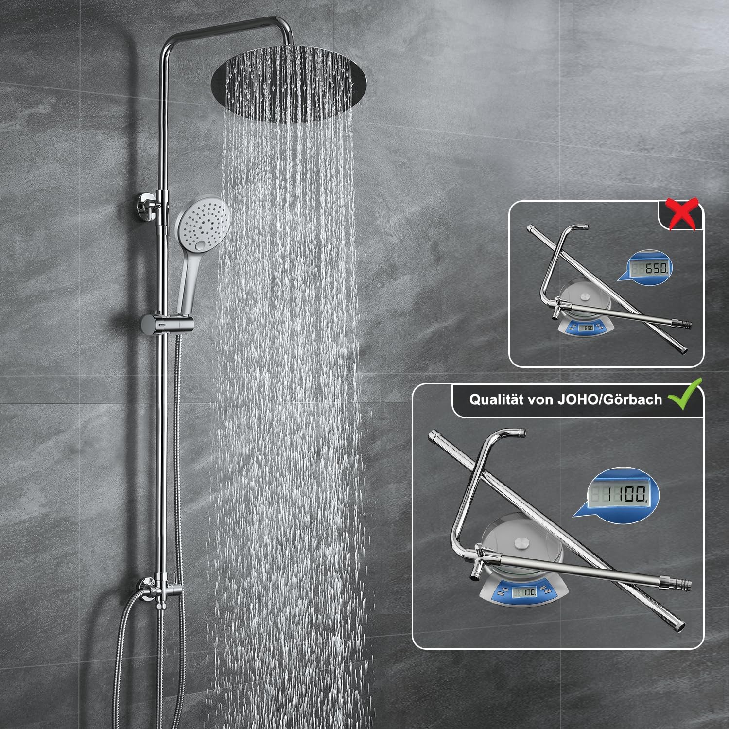 Thumbnail 3 de JOHO Colonna Doccia in Acciaio INOX senza Miscelatore Termostatica – Asta Saliscendi con Soffione 20 cm Cromata