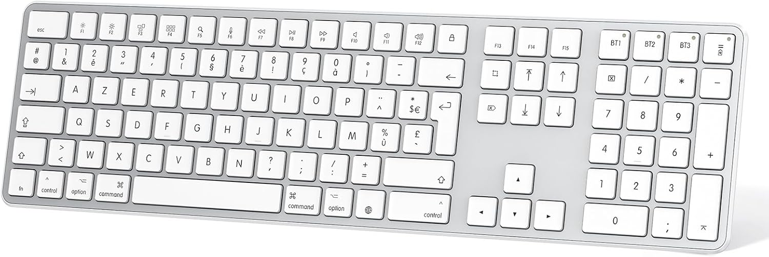 Detalle de OMOTON Clavier Bluetooth sans fil pour Mac AZERTY rechargeable (3 canaux) – Argent