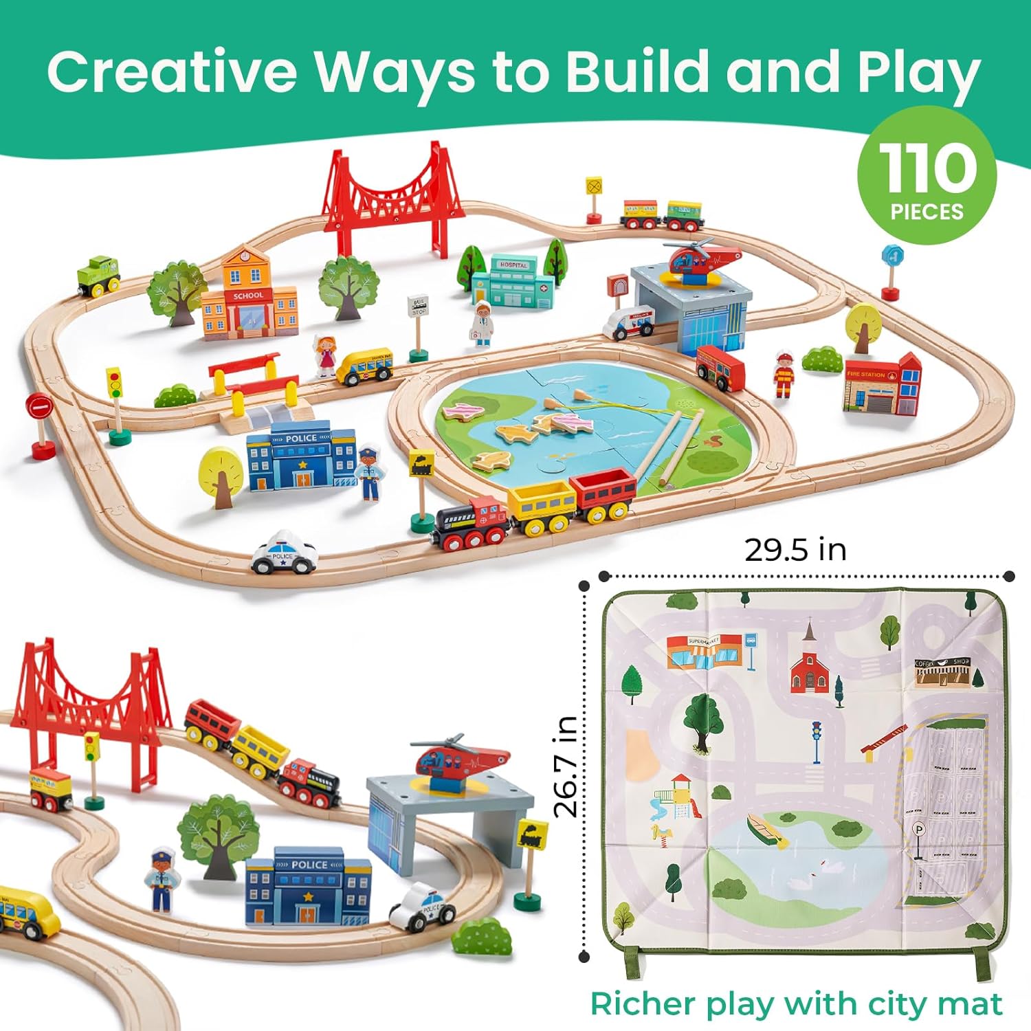 Thumbnail 3 de Tiny Land 110pcs Wooden Train Set with Storage Box
