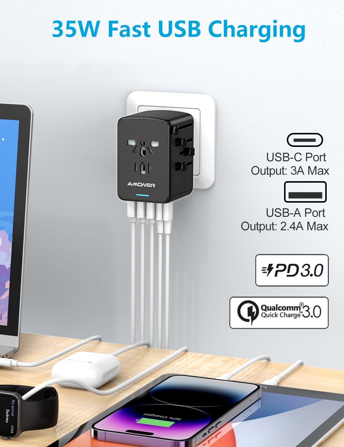 Detalle 1 de Amoner 35W Adaptador Universal de Viaje 🌍 con USB